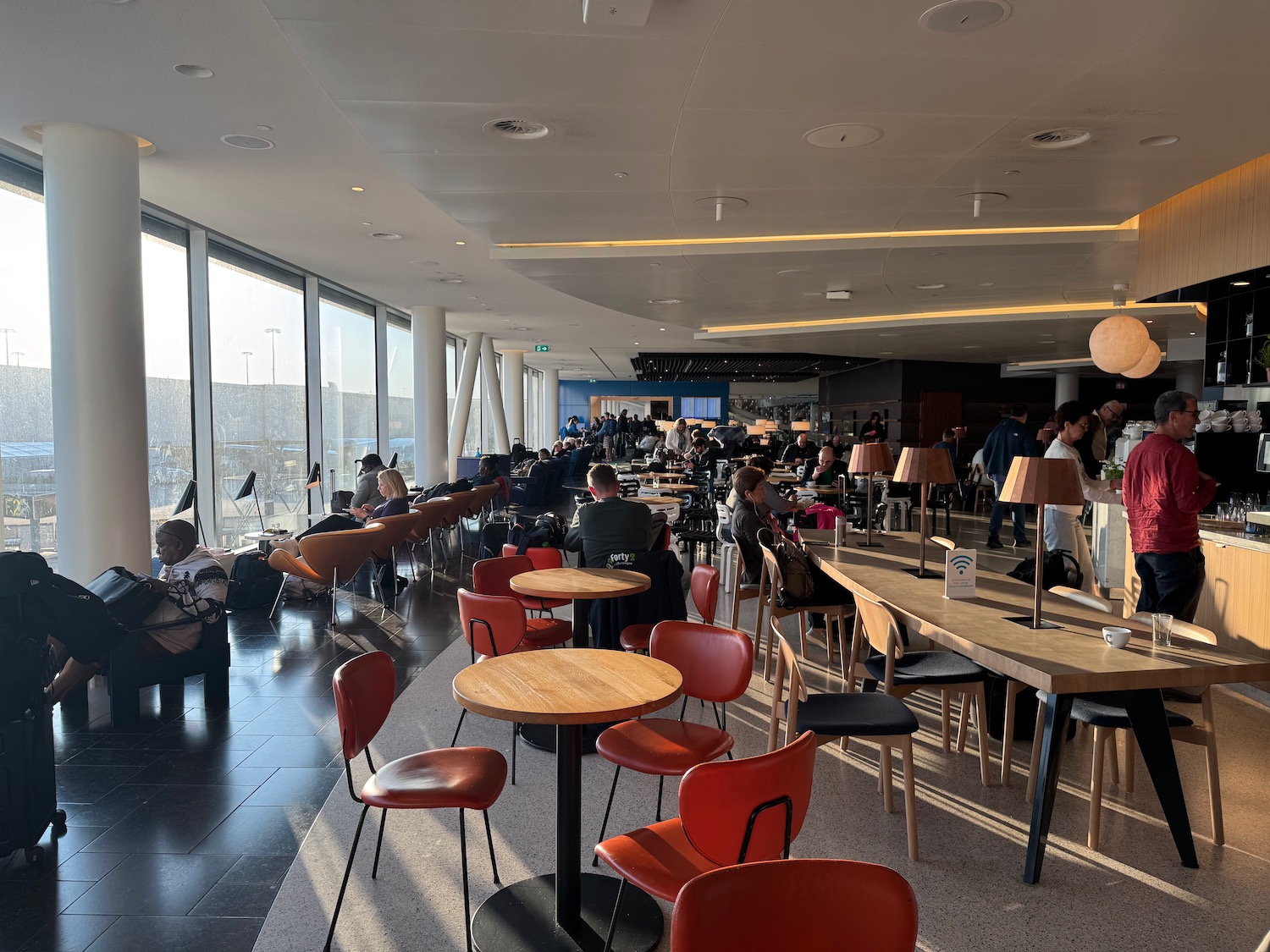 a large room with tables and chairs