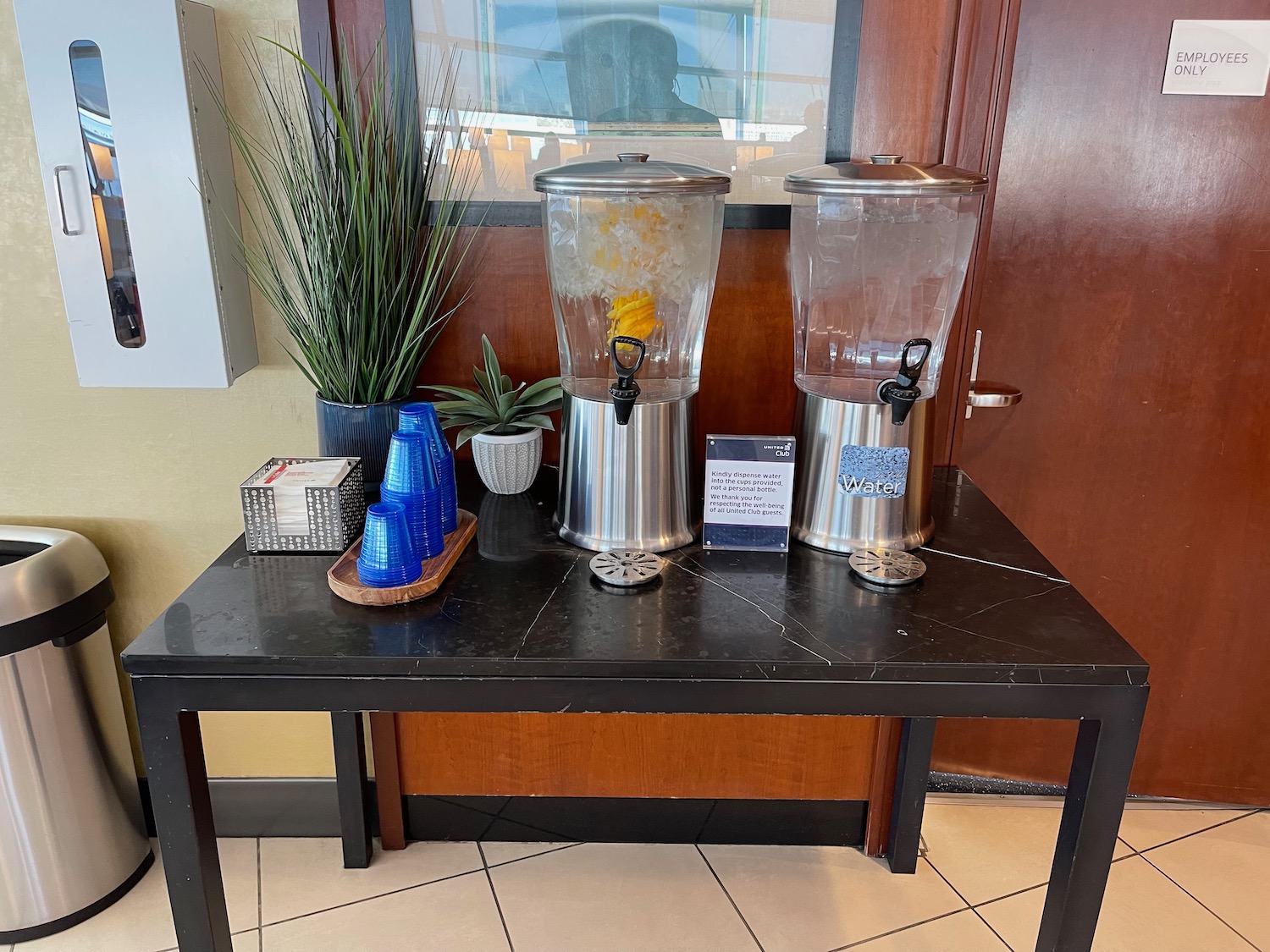 a table with a drink dispenser and a plant