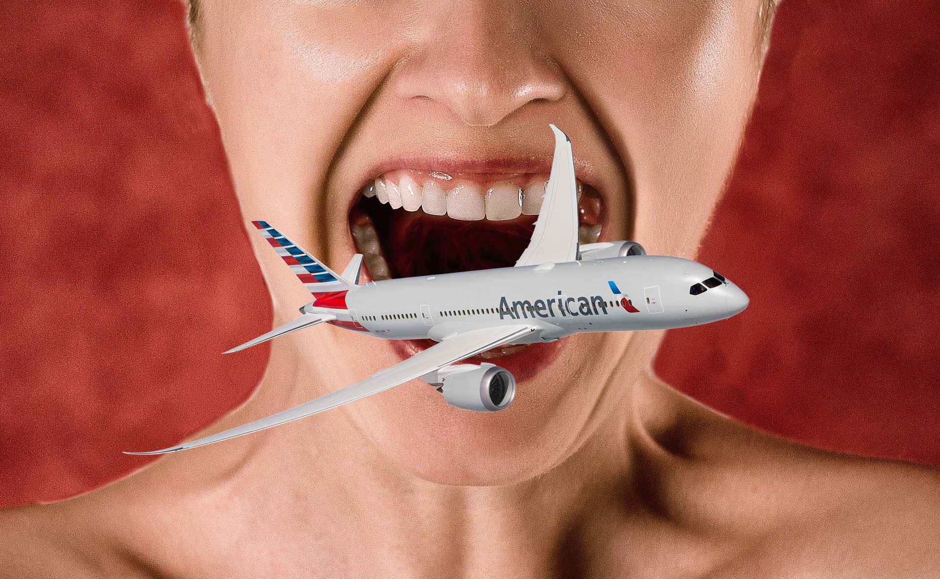 a woman biting a model airplane