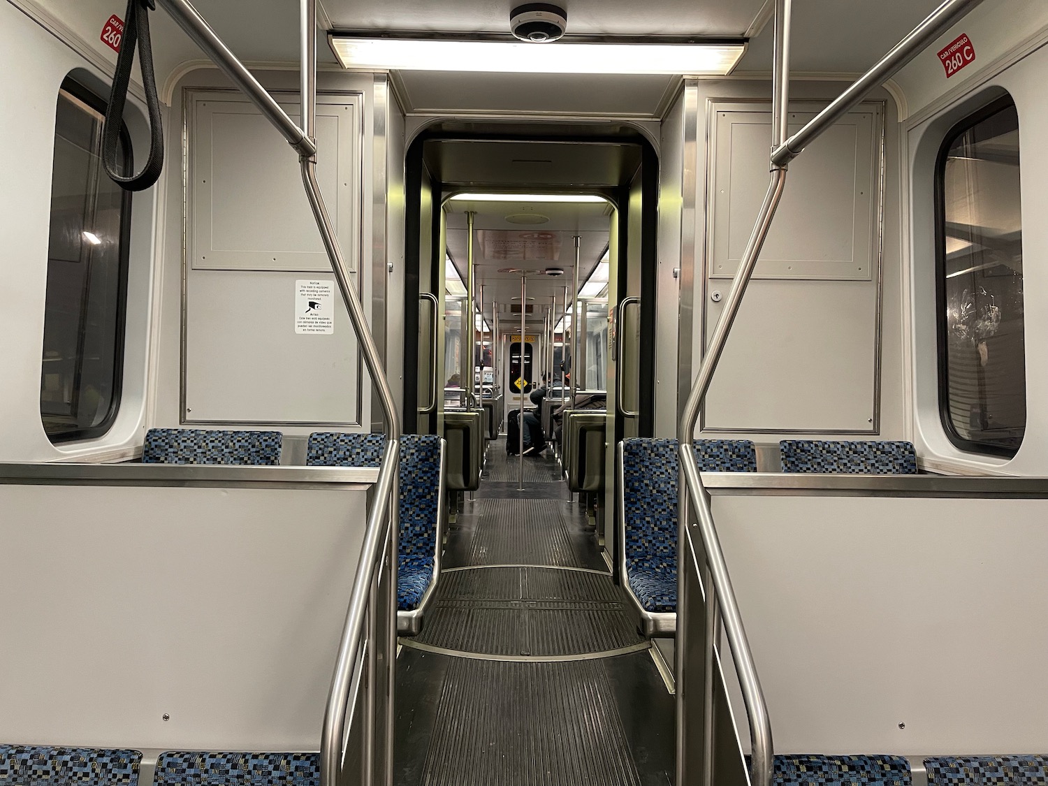 a train with seats and a door