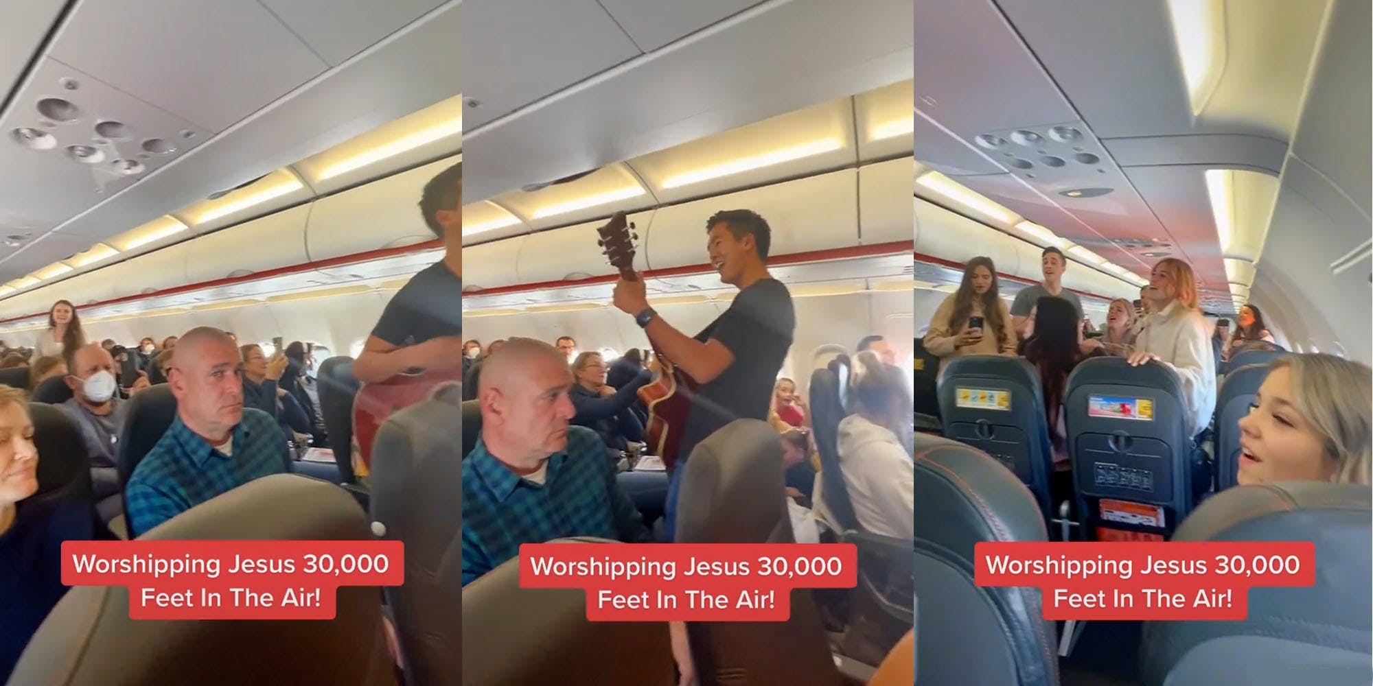 a collage of a man playing a guitar on an airplane