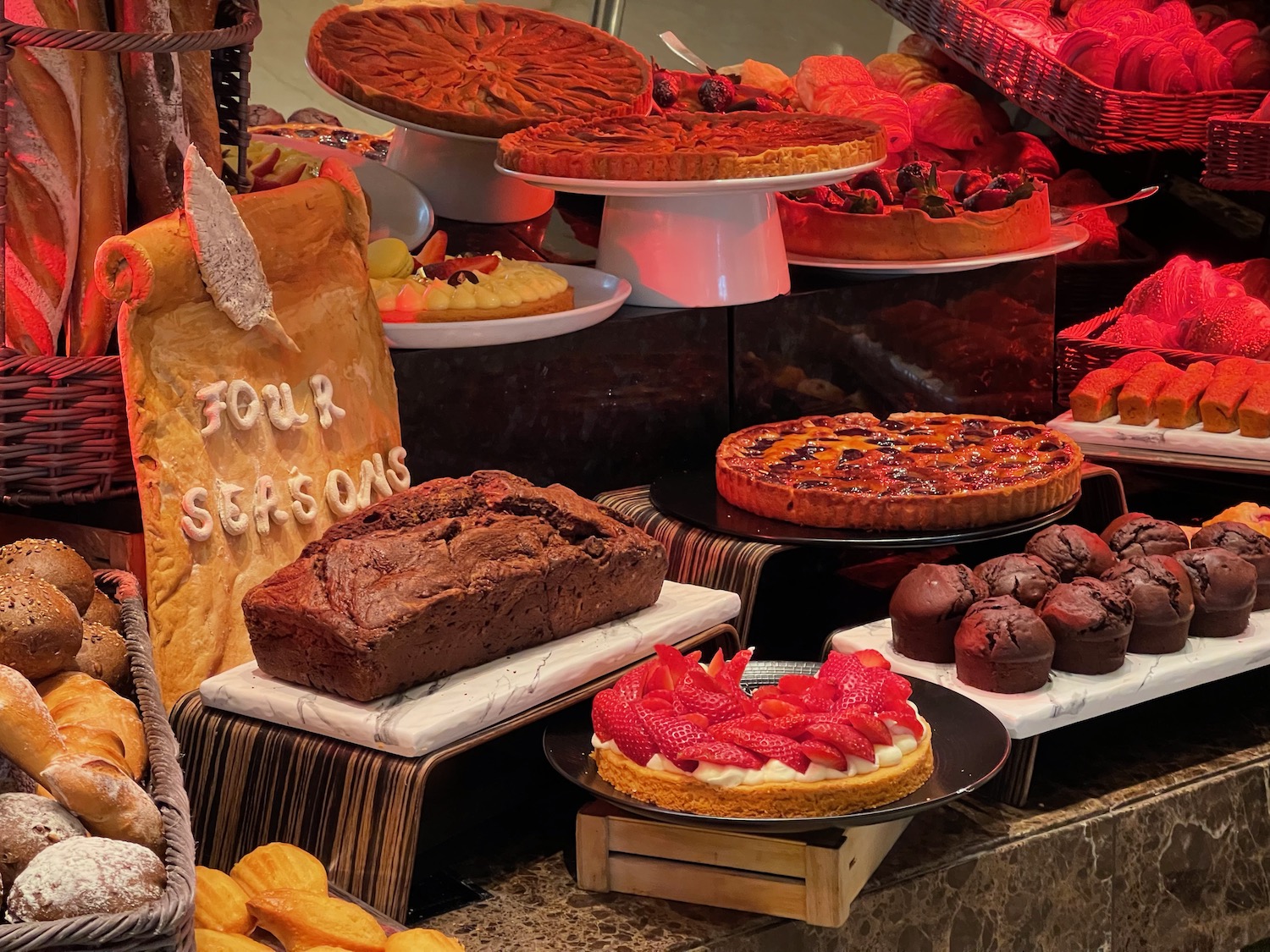 a display of pastries and desserts