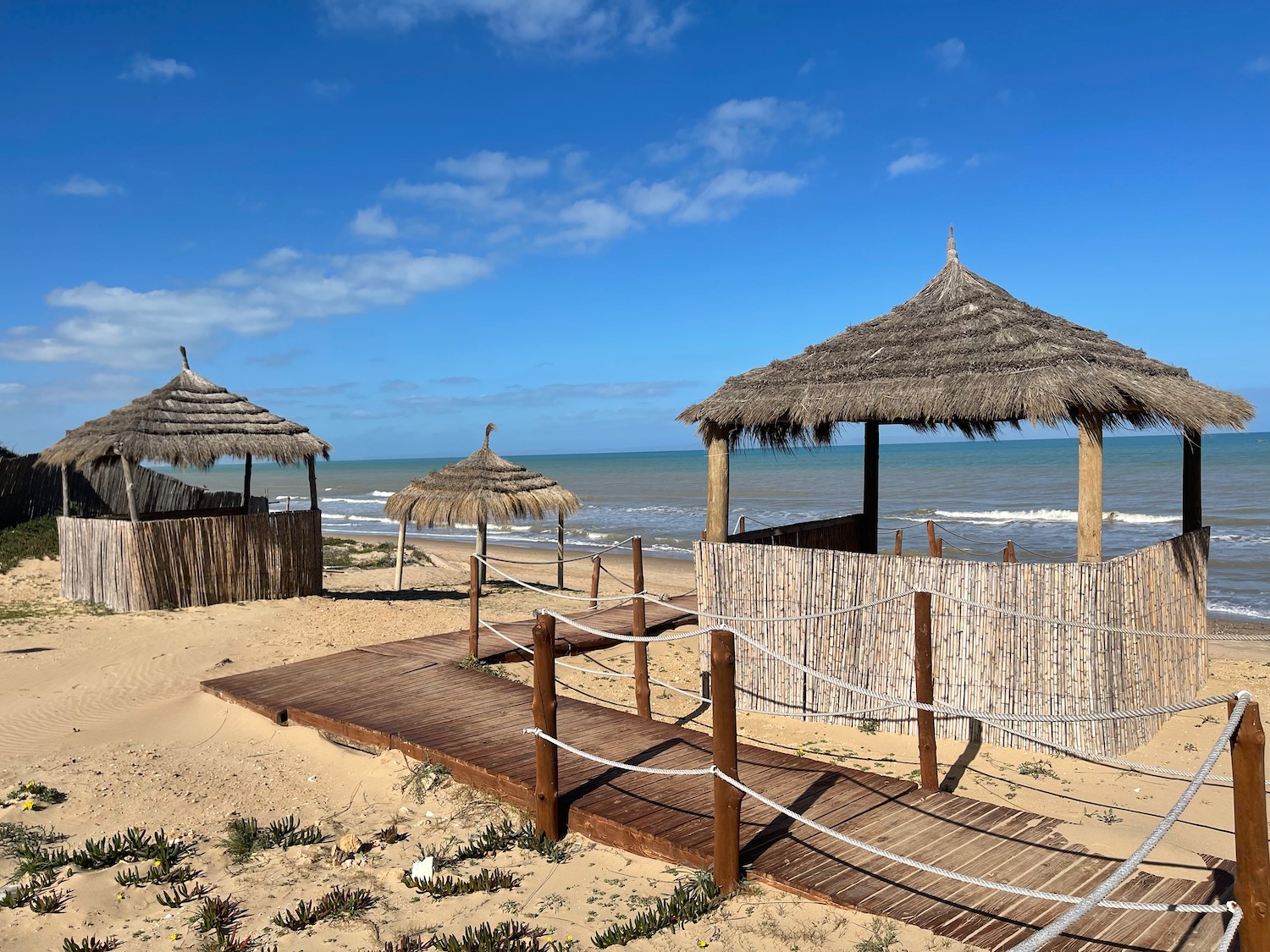 a beach with straw umbrellas and a wooden walkway