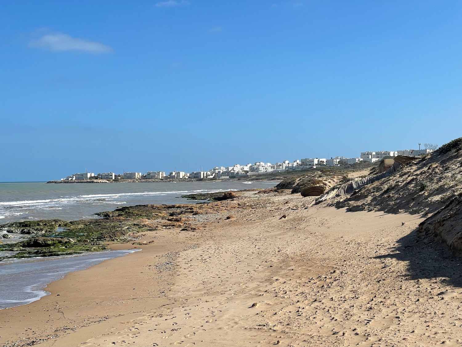 a beach with buildings in the background