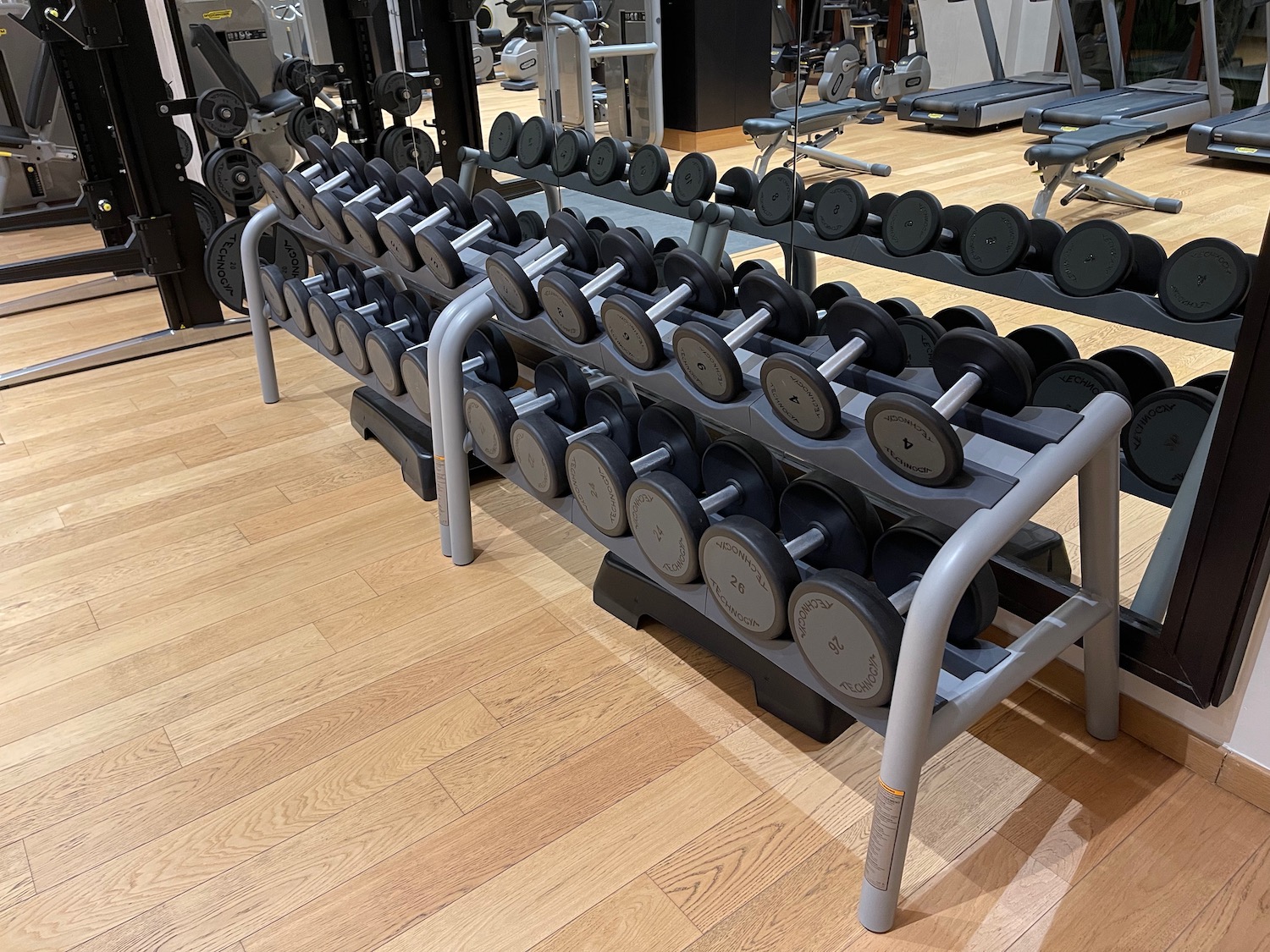 a group of dumbbells on a rack