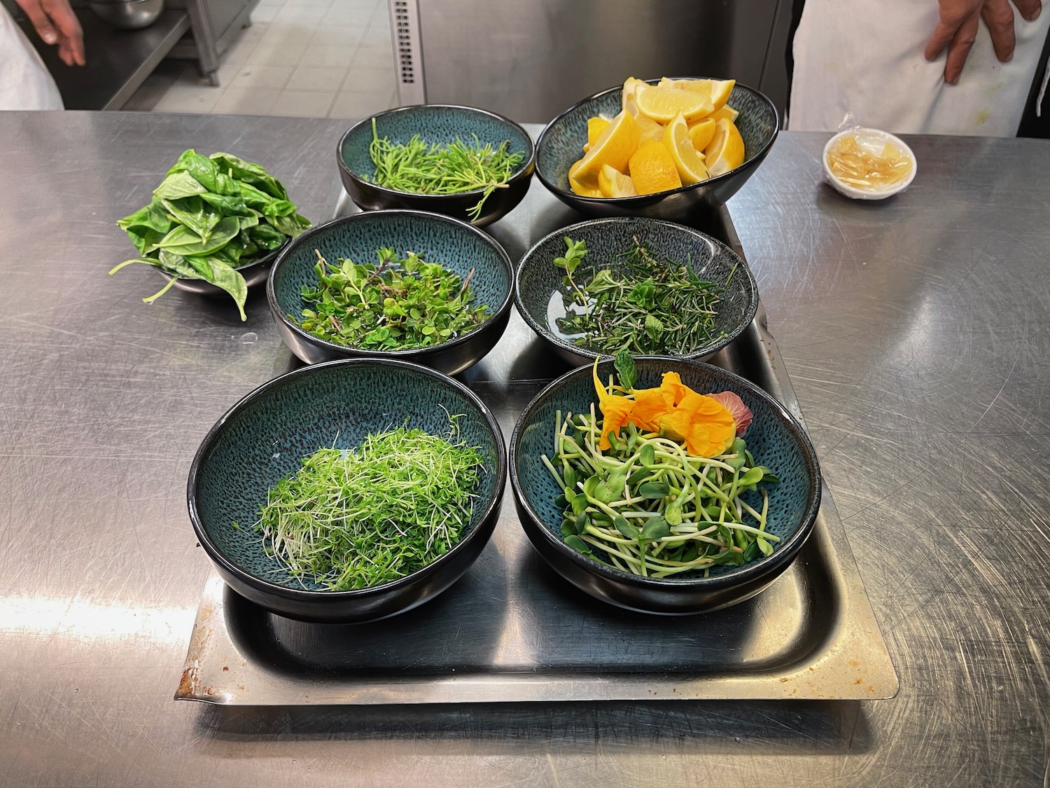 a group of bowls of food