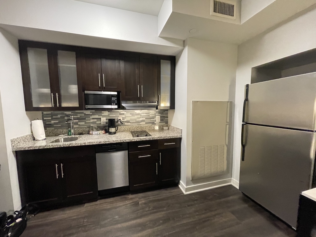 Hyatt House Charlotte kitchen with fridge