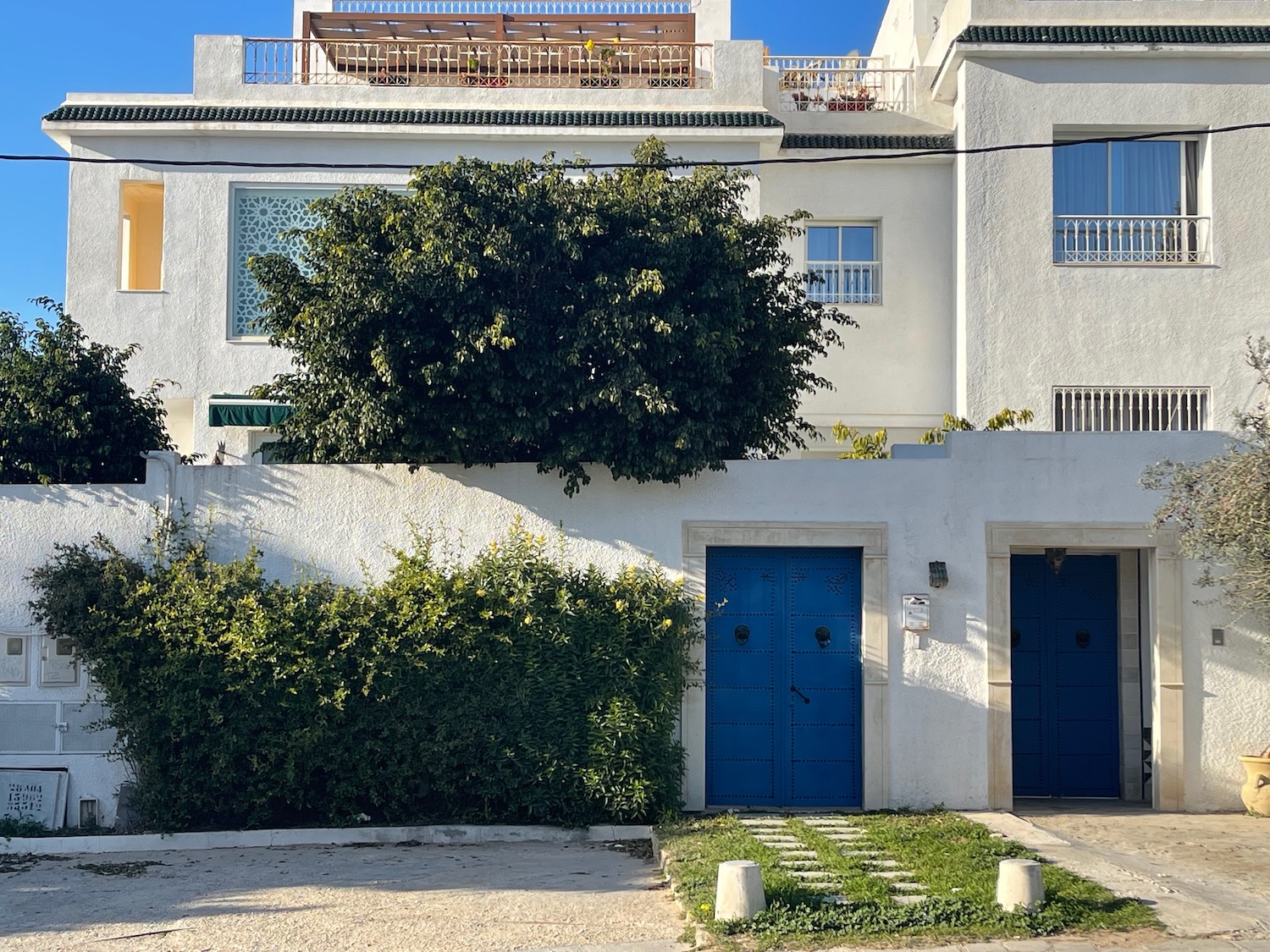 a building with blue doors and a tree