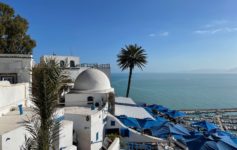 a white building with blue umbrellas and palm trees by the water