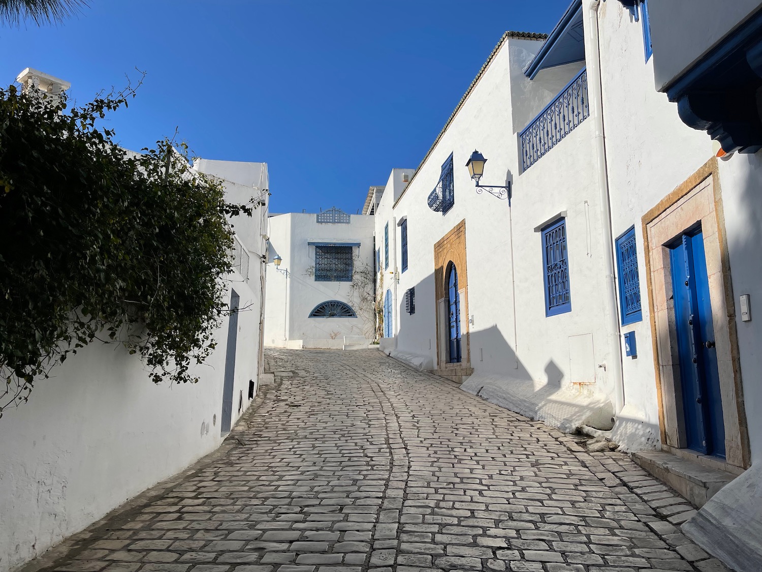 a stone street with white buildings and blue windows