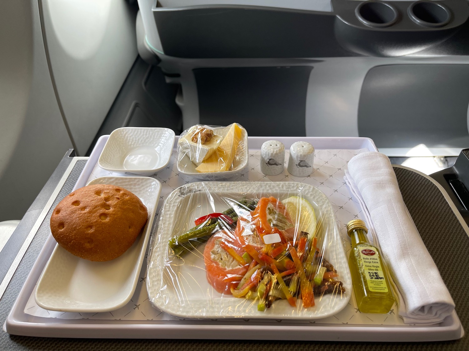 a tray of food on a plane