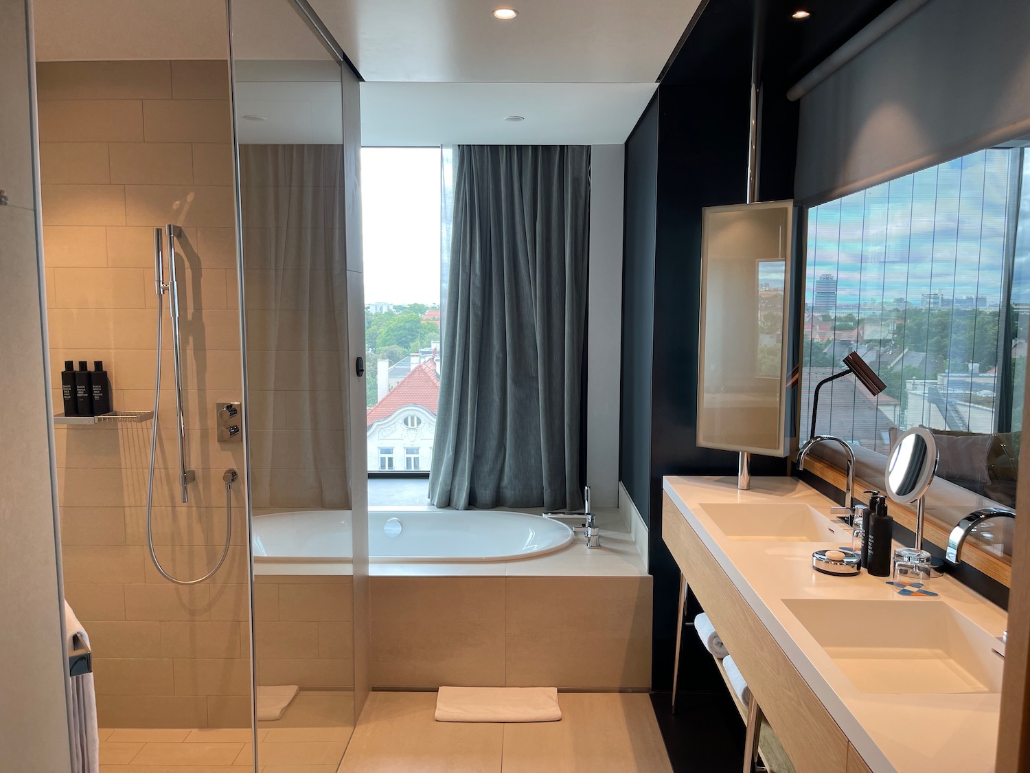 a bathroom with a tub and sink