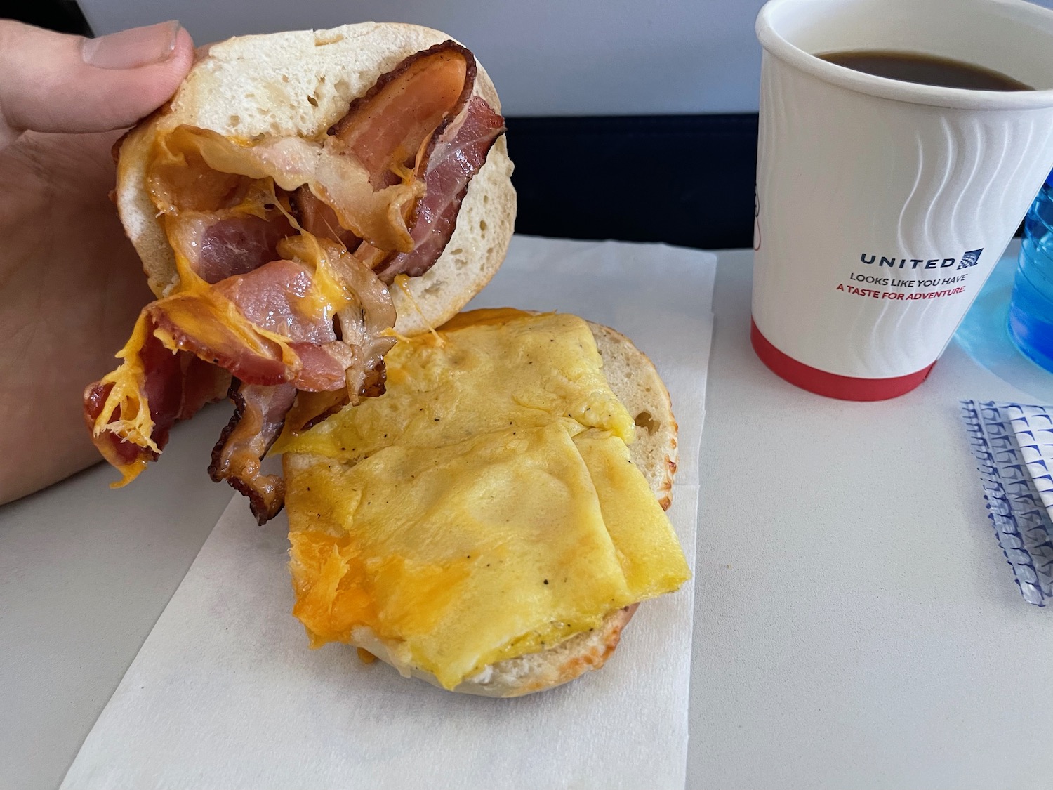 a hand holding a sandwich with bacon and cheese