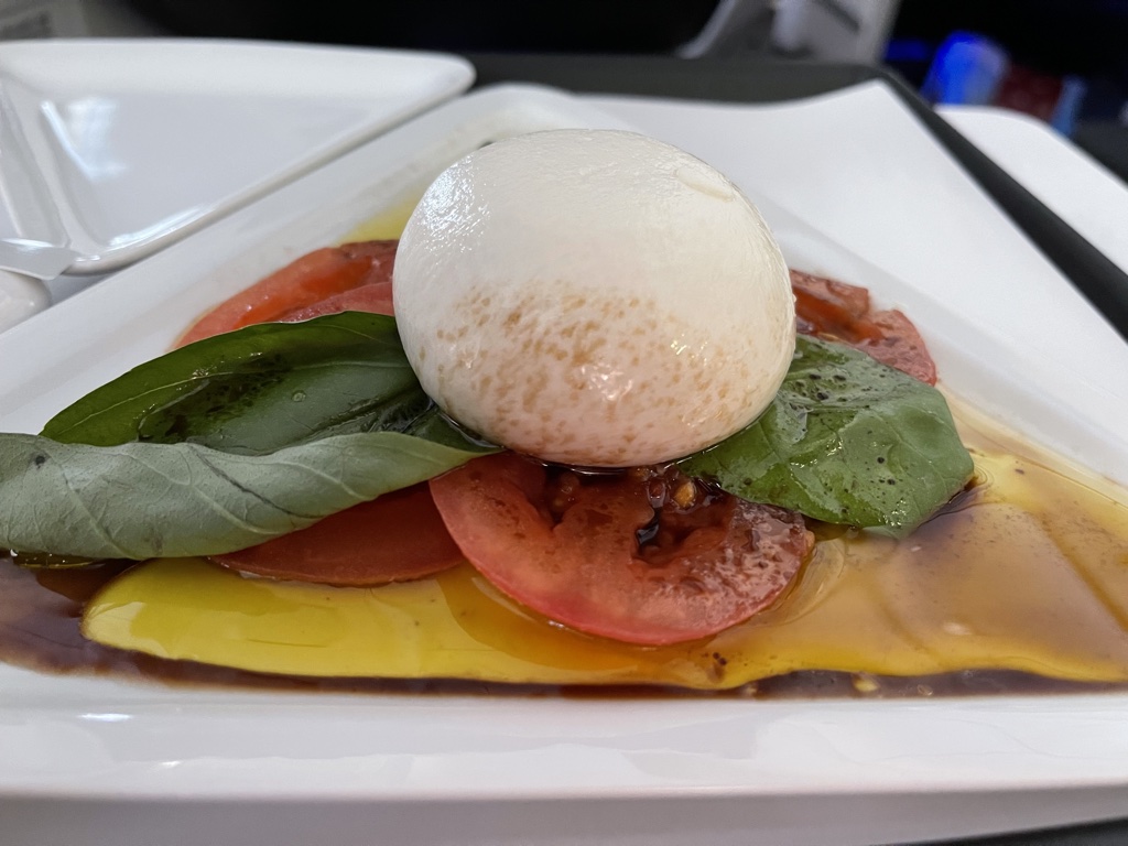 Austrian Airlines business class caprese burrata appetizer