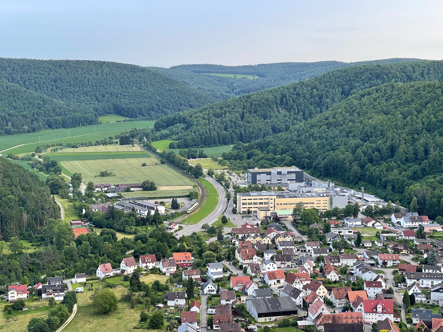 a town surrounded by trees