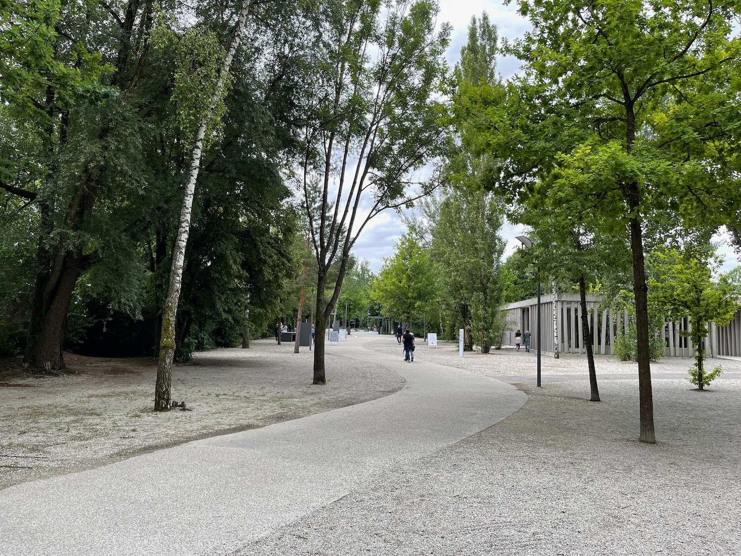 a path with trees and people walking on it