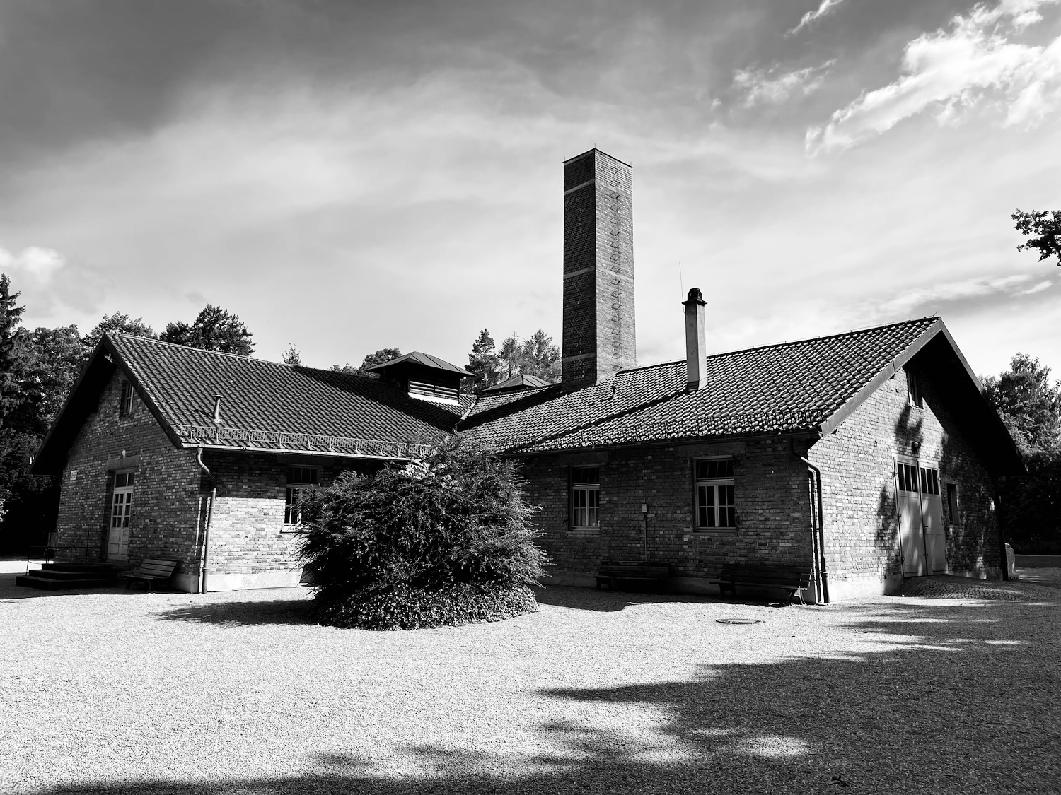 a brick building with a chimney