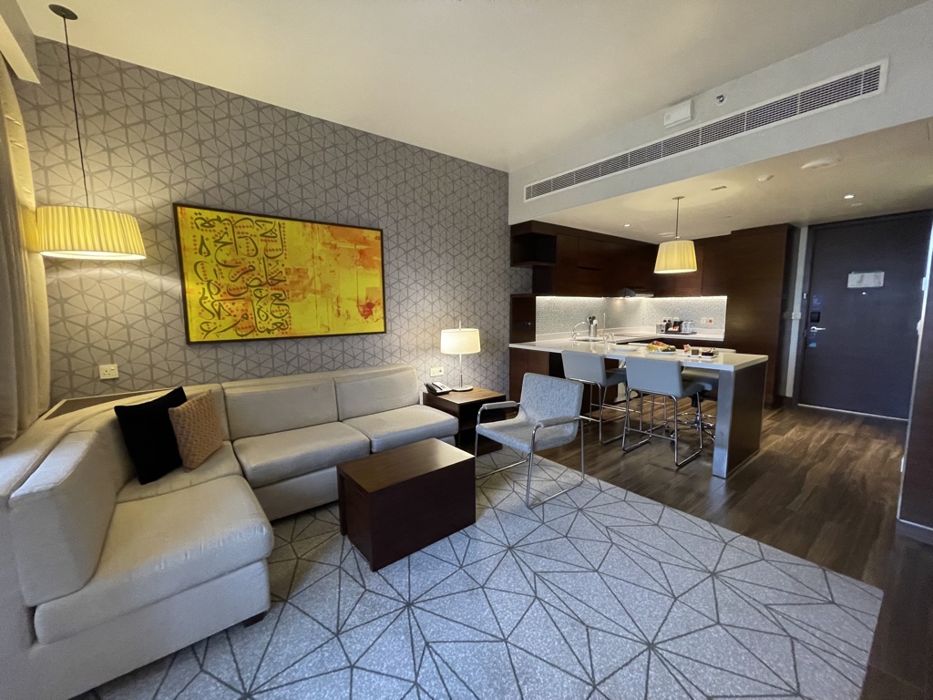 Hyatt Place Dubai Wasl living room and kitchen