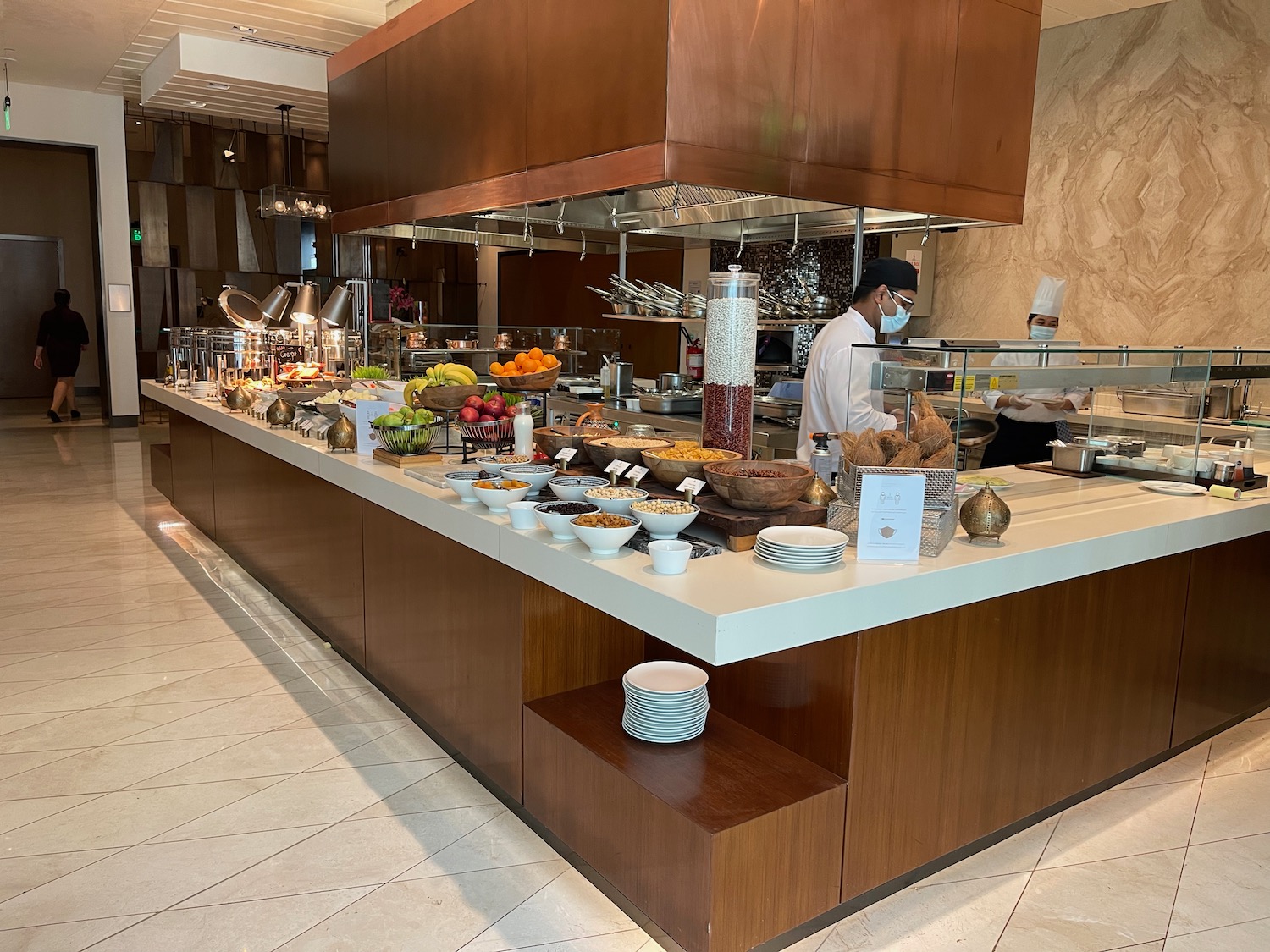 a buffet with food on the counter