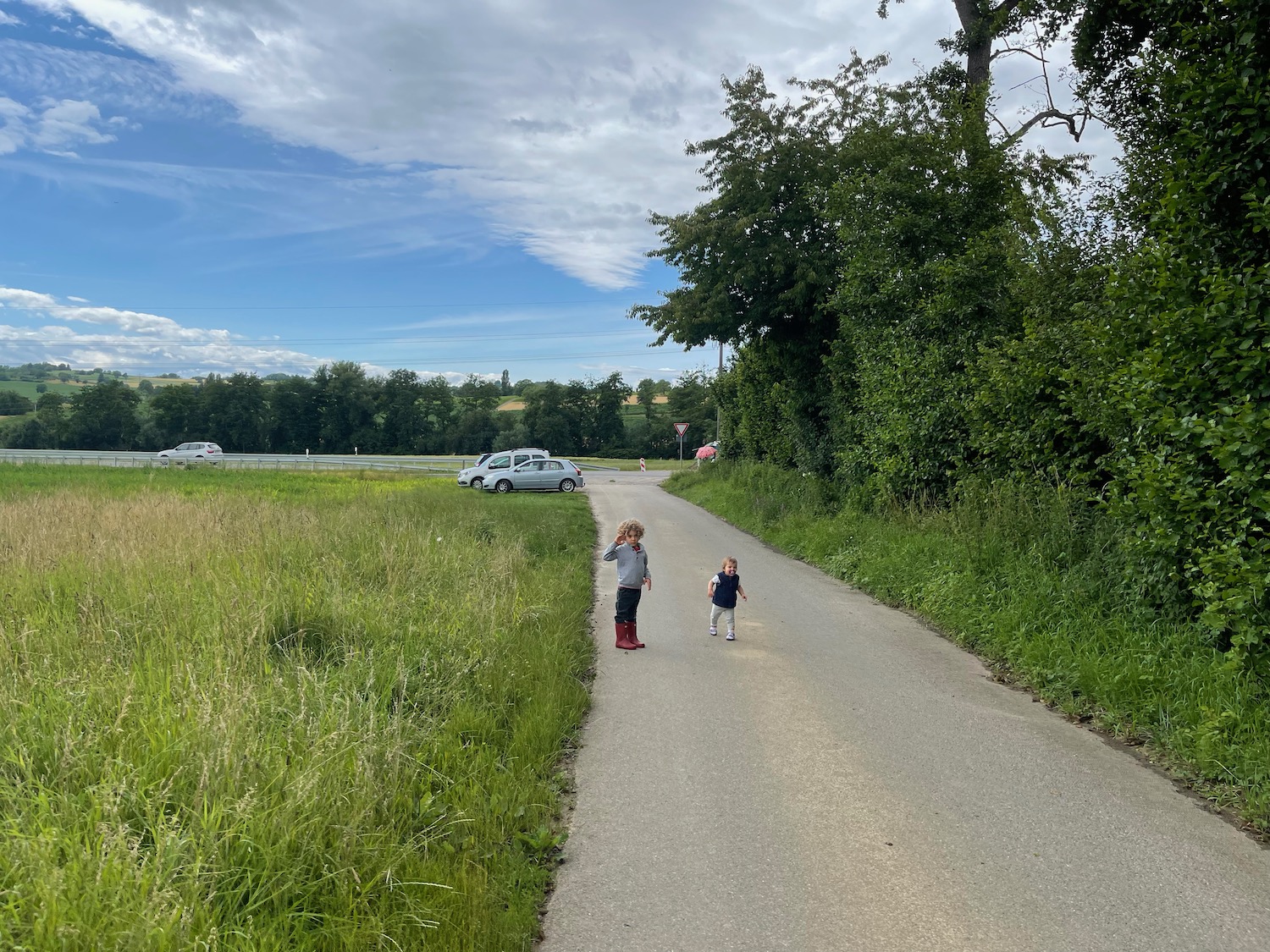 two children walking on a road