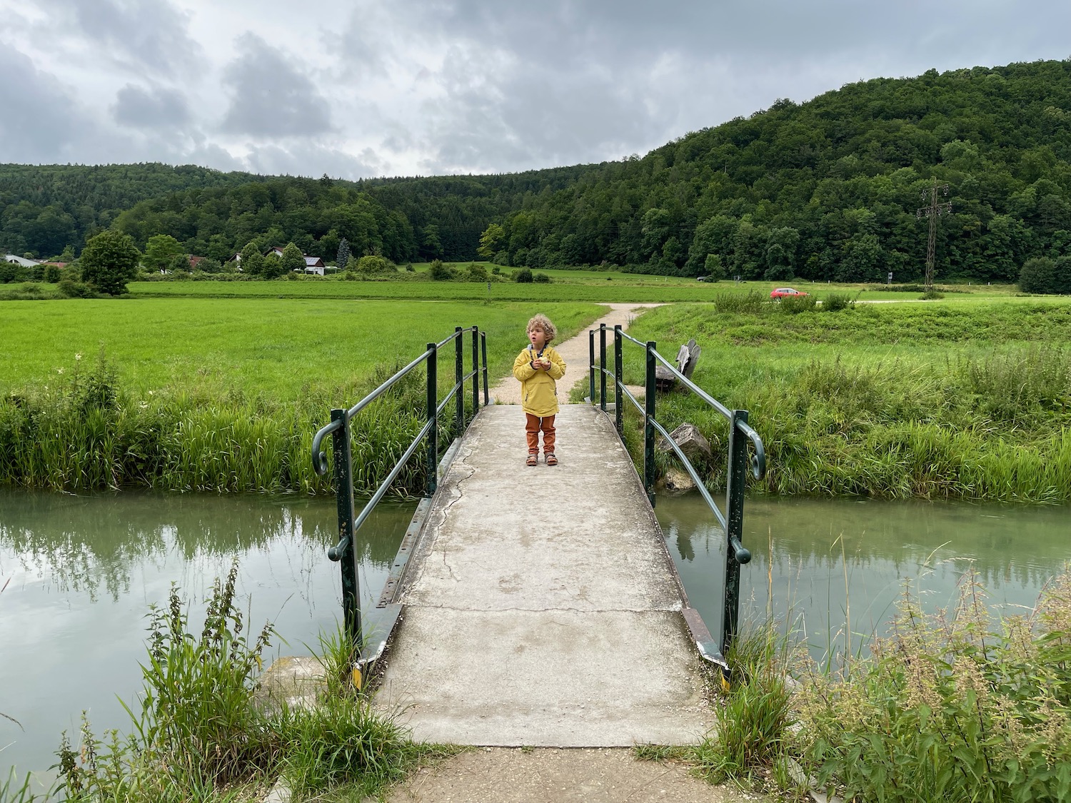 a child standing on a bridge over a river
