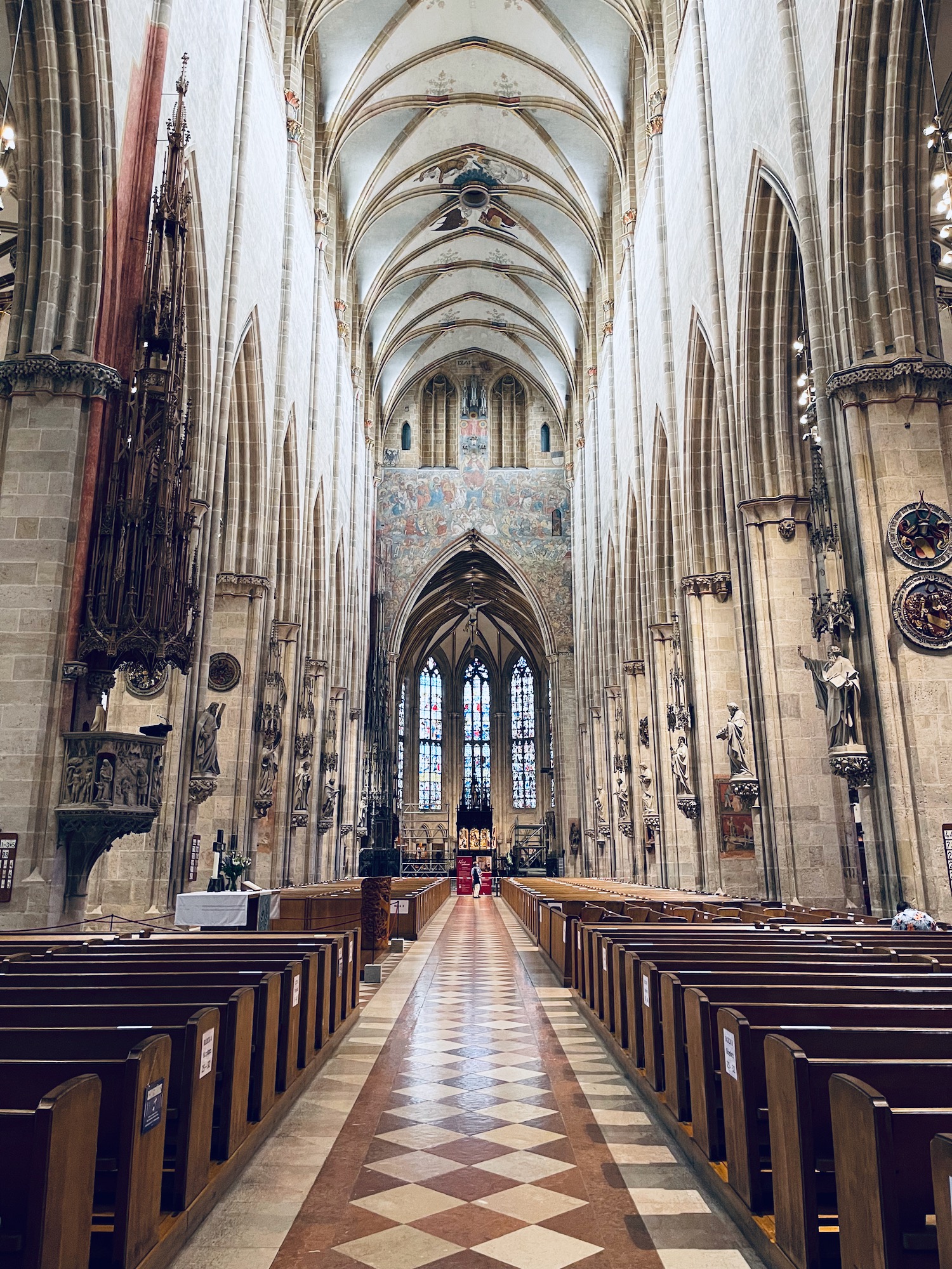 inside a church with many pews