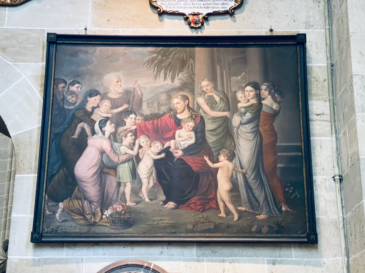 a painting of a family with children