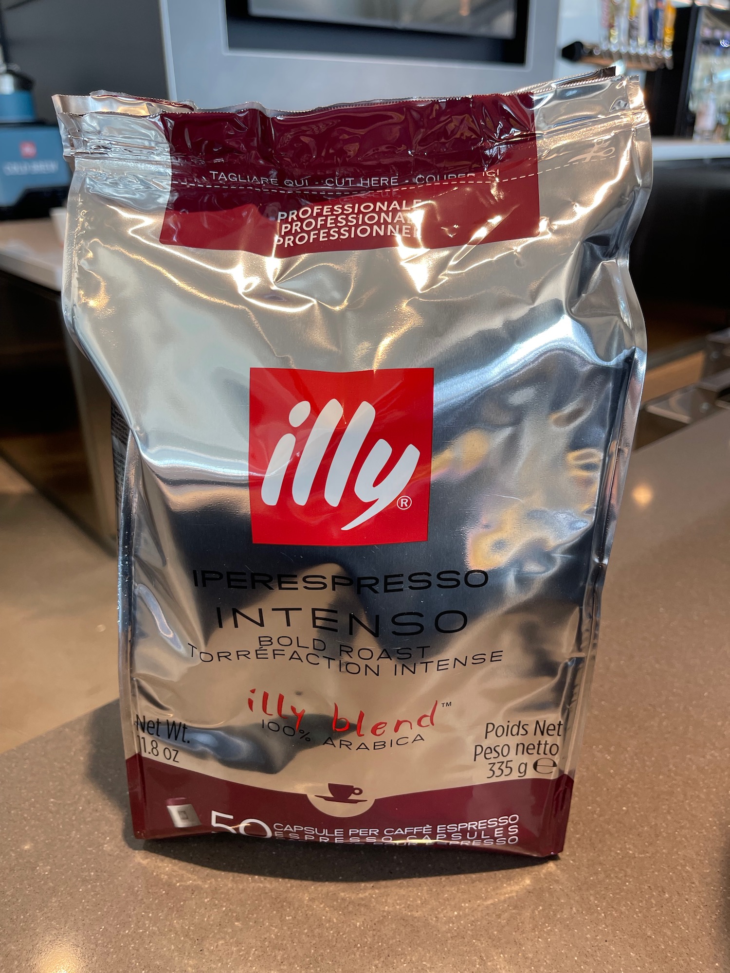 a bag of coffee on a counter