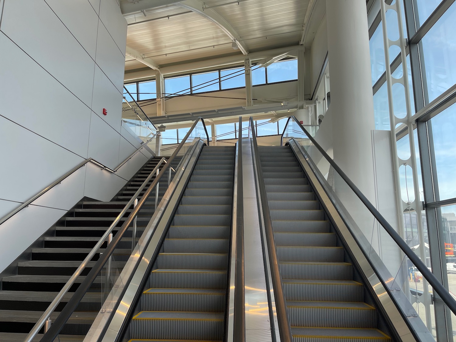 a two escalators in a building