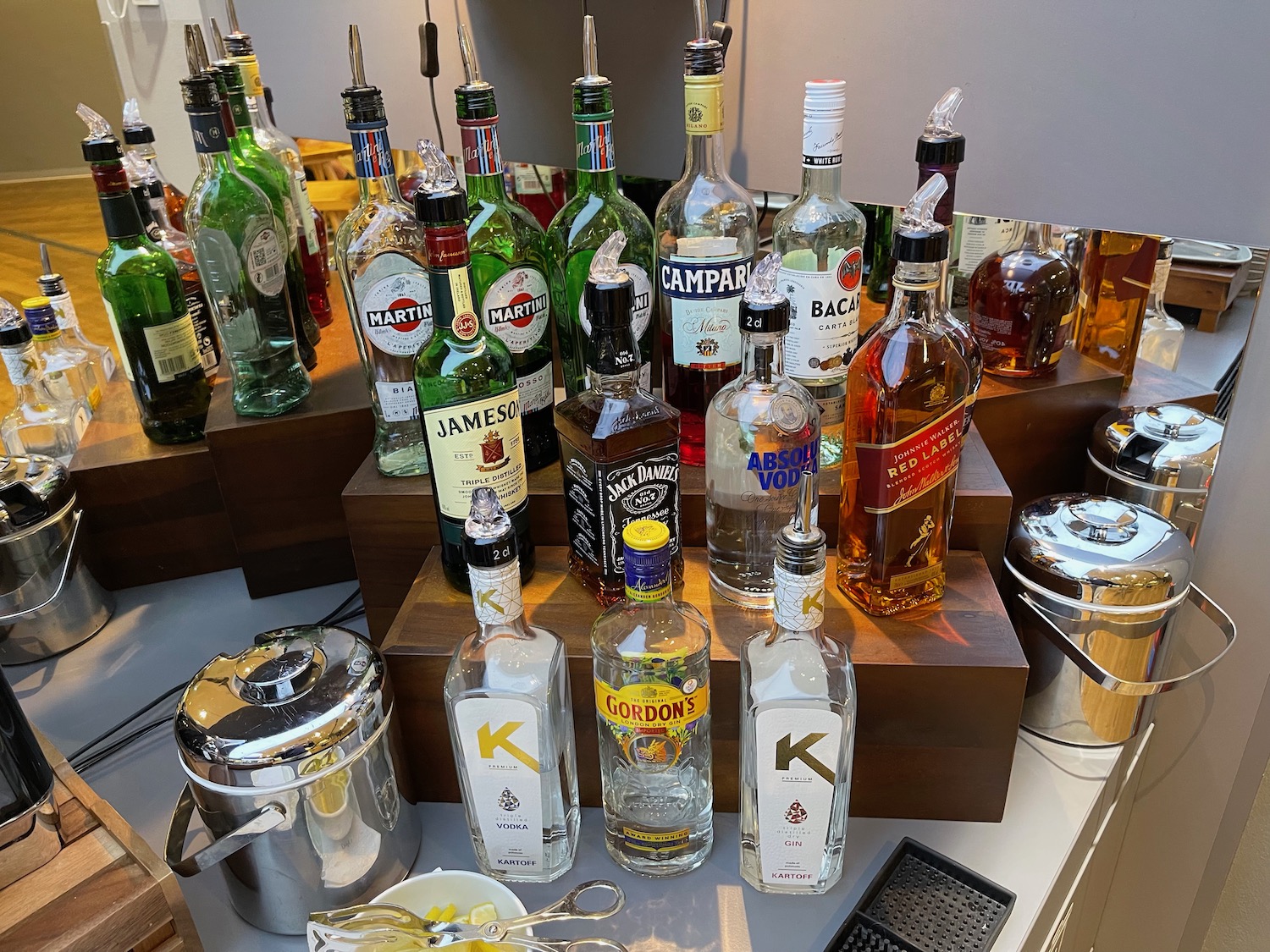 a group of bottles of alcohol on a counter