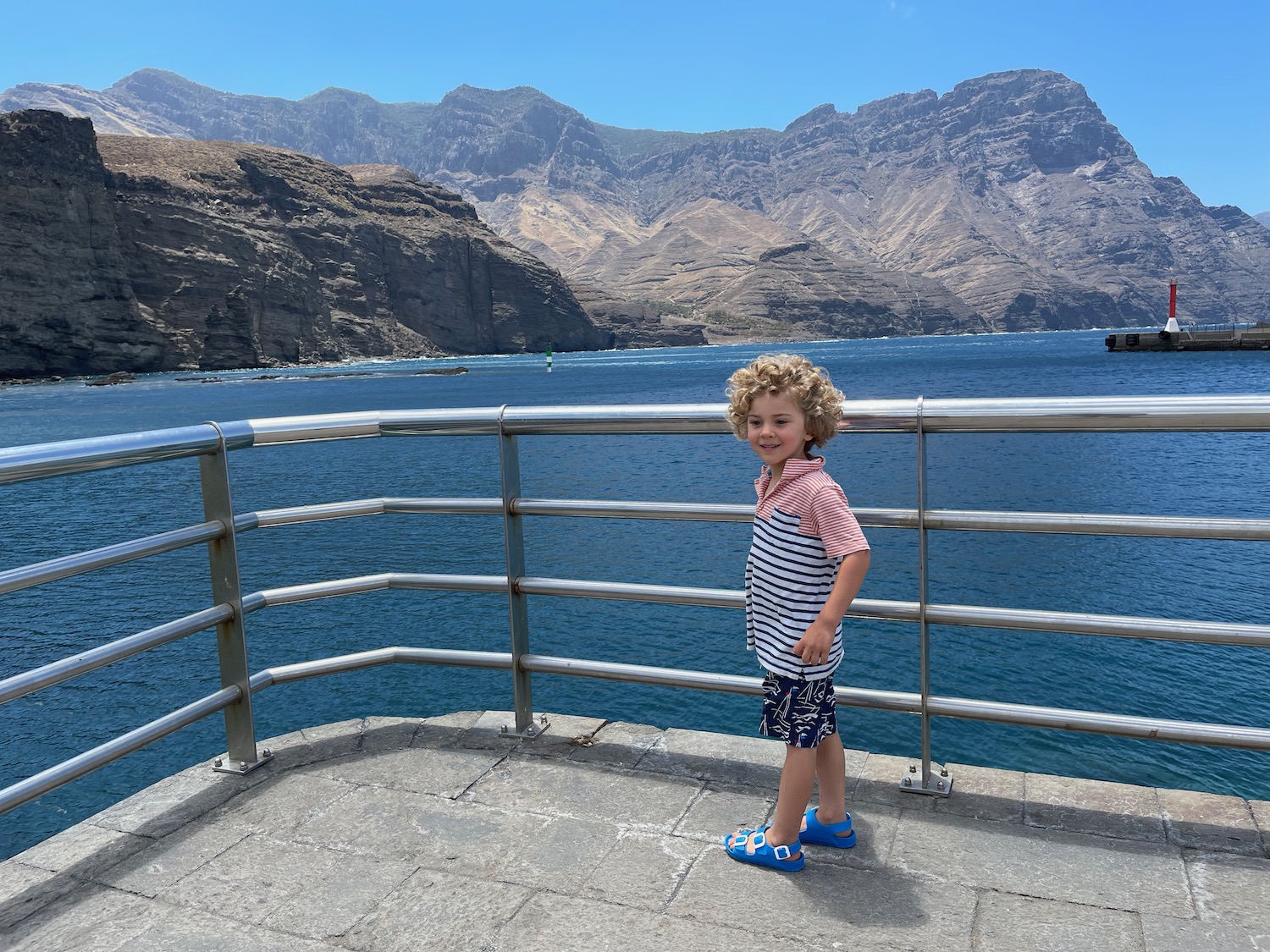 a child standing on a railing overlooking a body of water