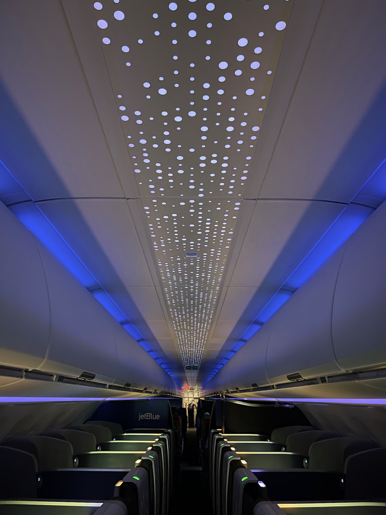 a ceiling with lights and seats in a plane with Milwaukee Art Museum in the background