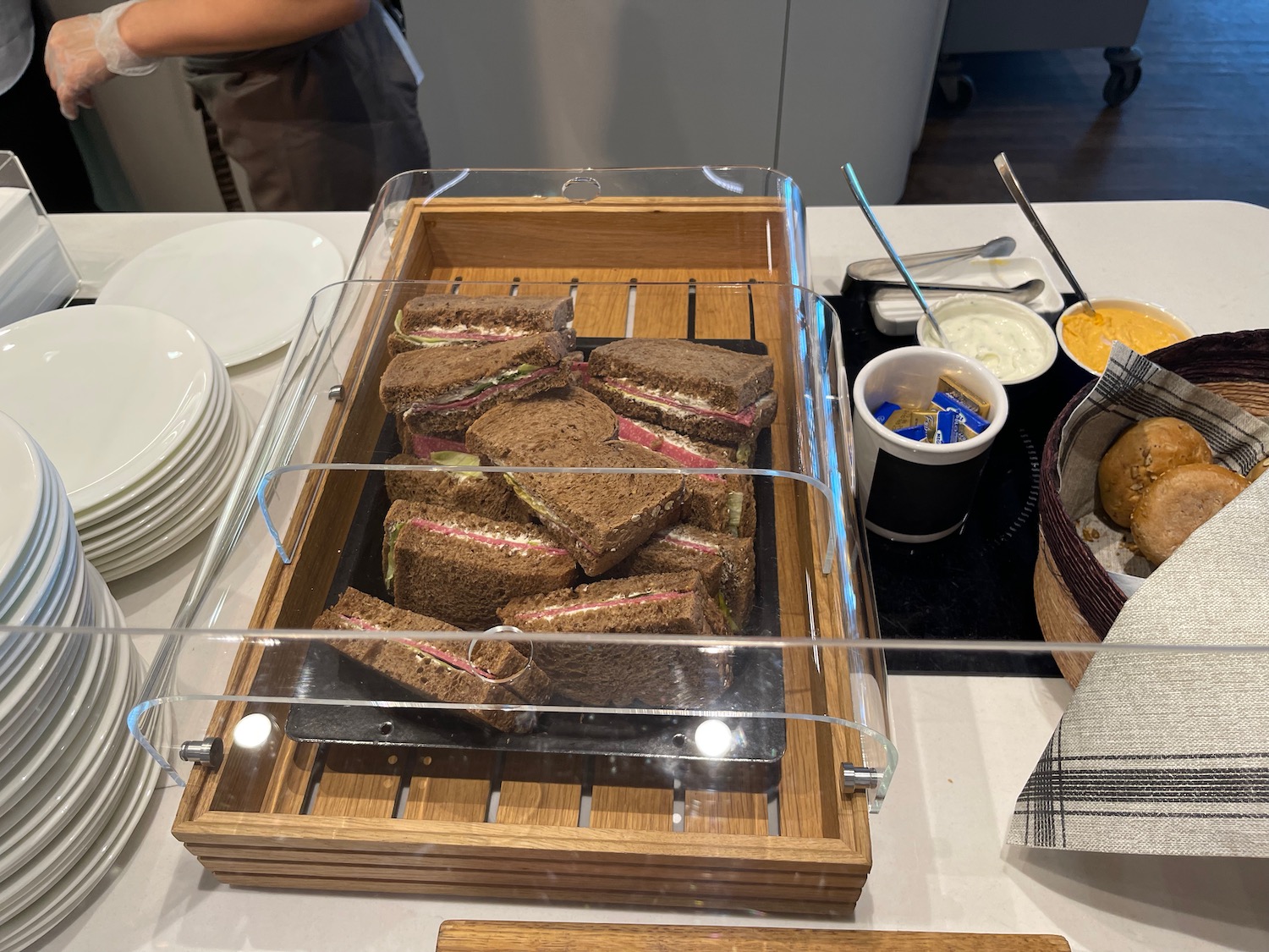 a tray of sandwiches on a table