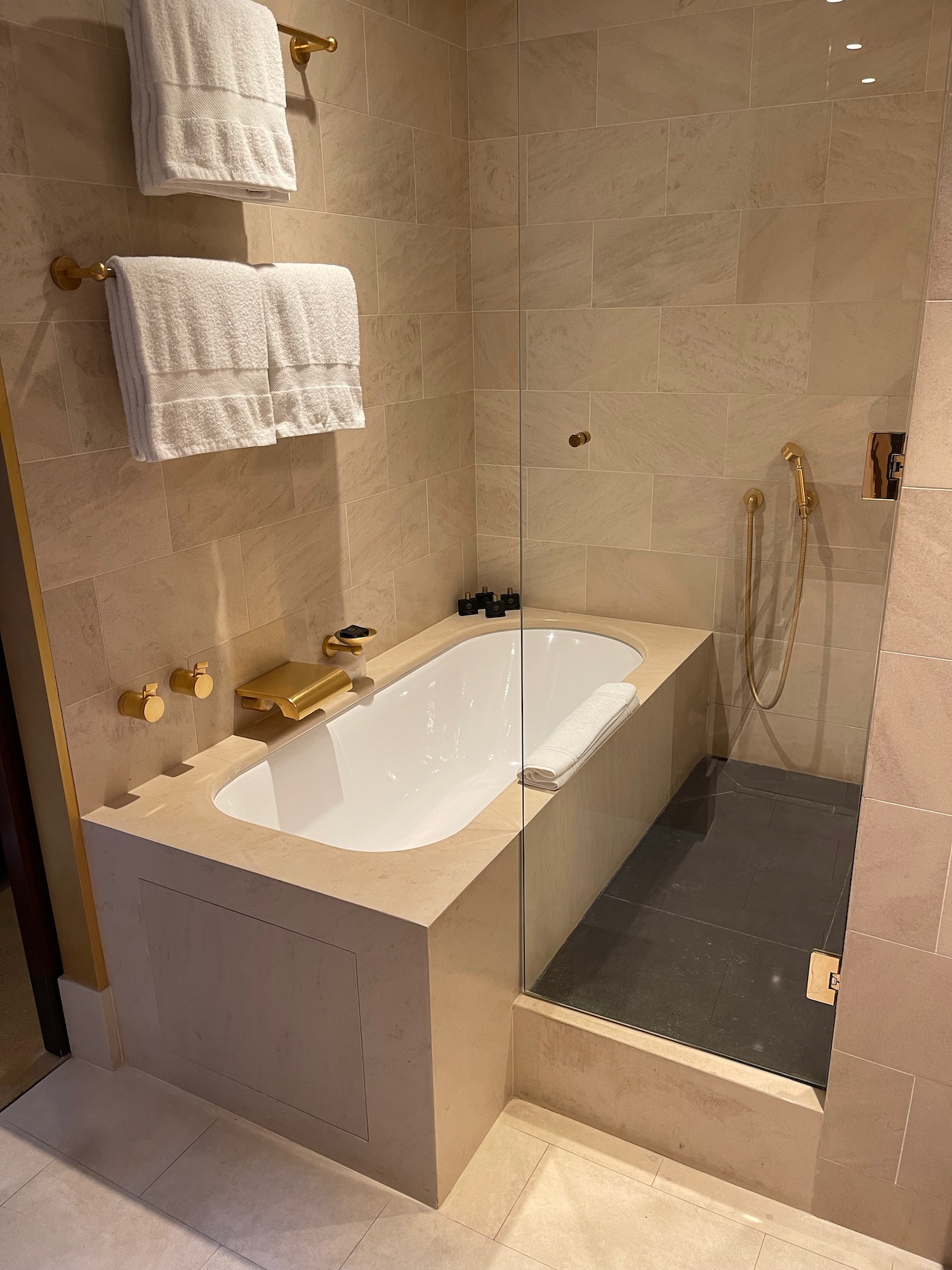 a bathroom with a bathtub and shower