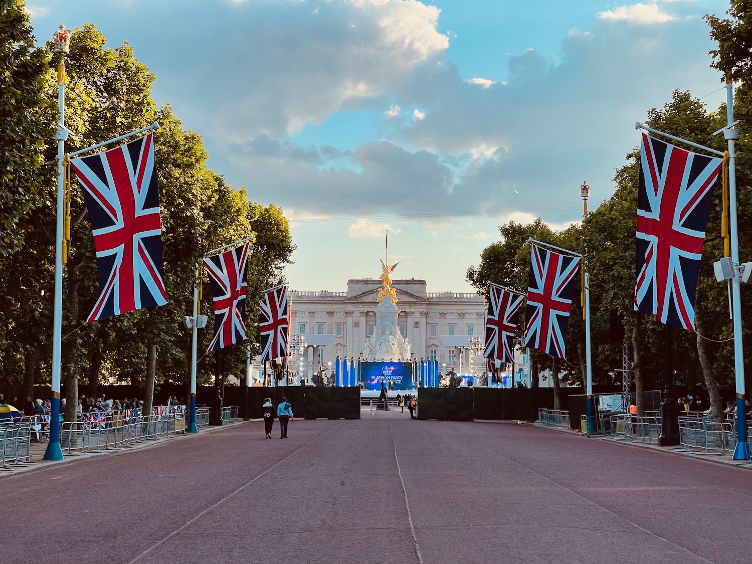 a road with flags on it