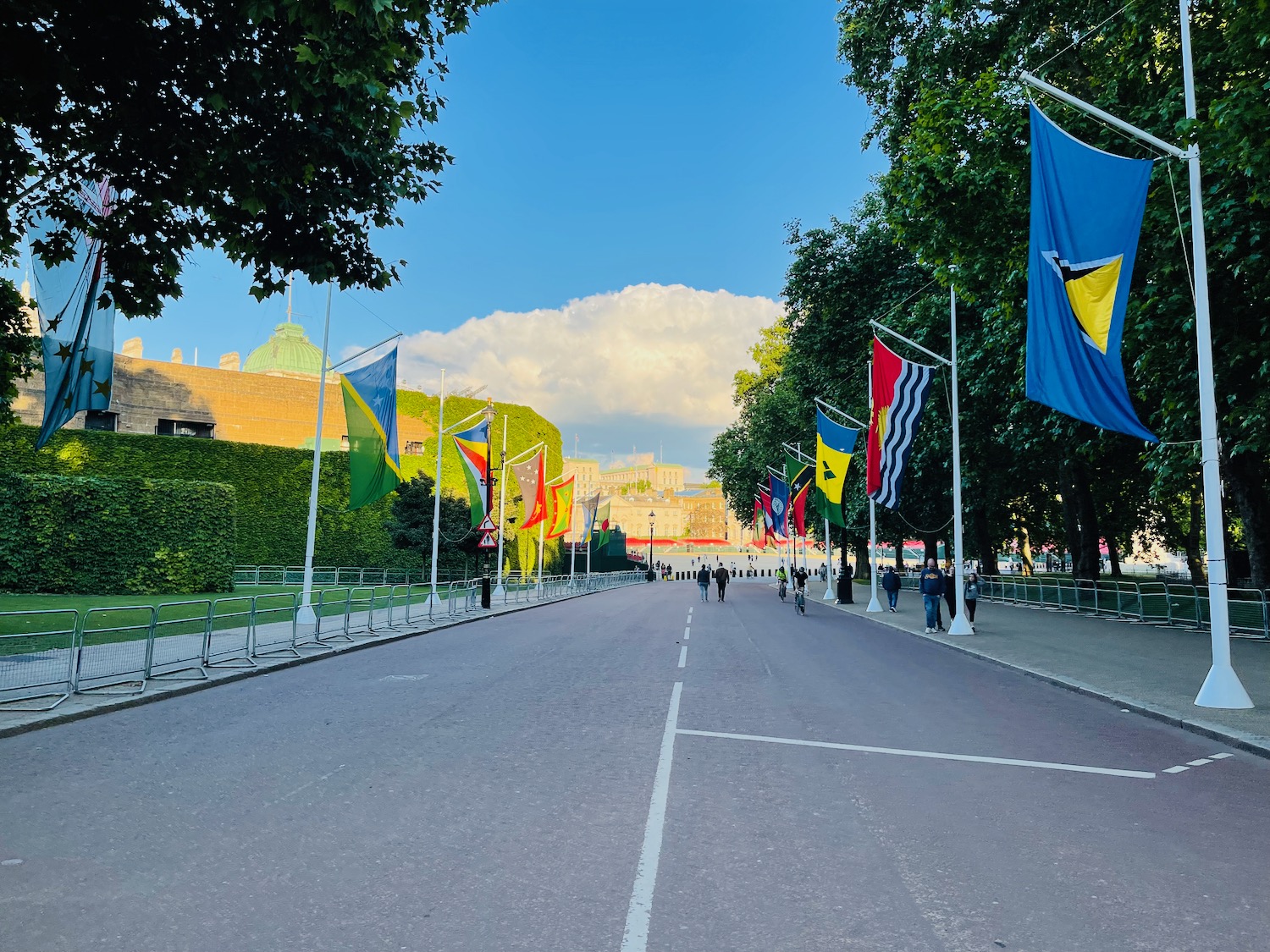 a street with flags on it