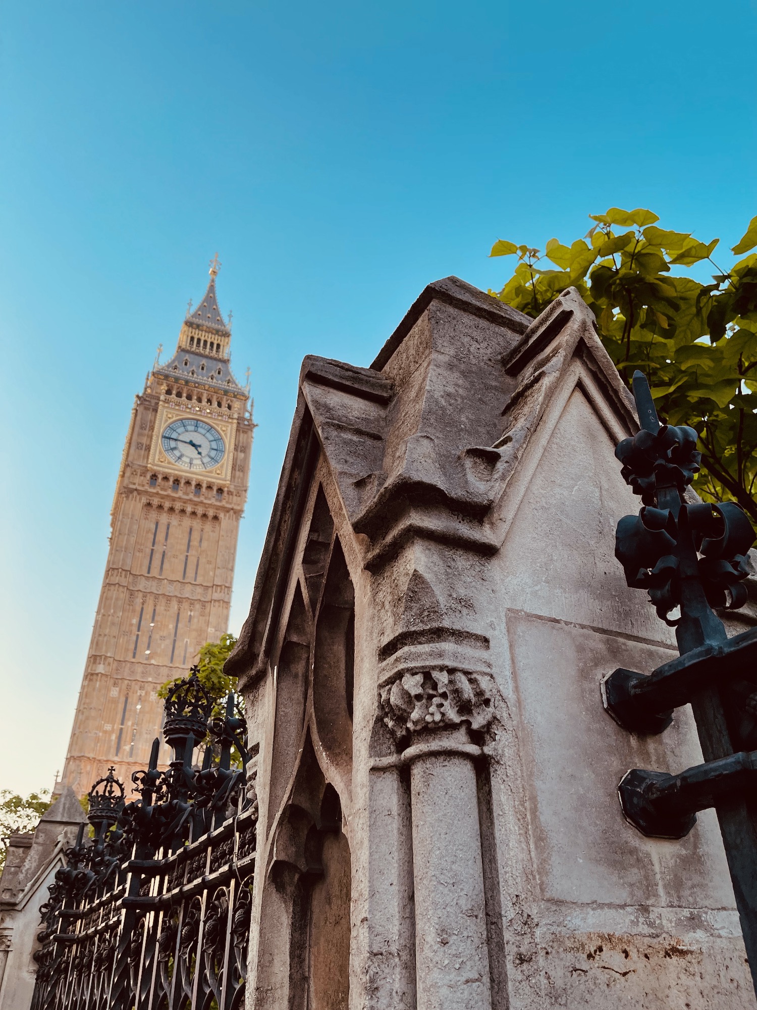 a clock tower in the background