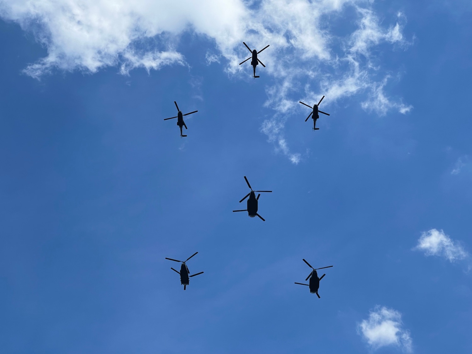 a group of helicopters flying in the sky