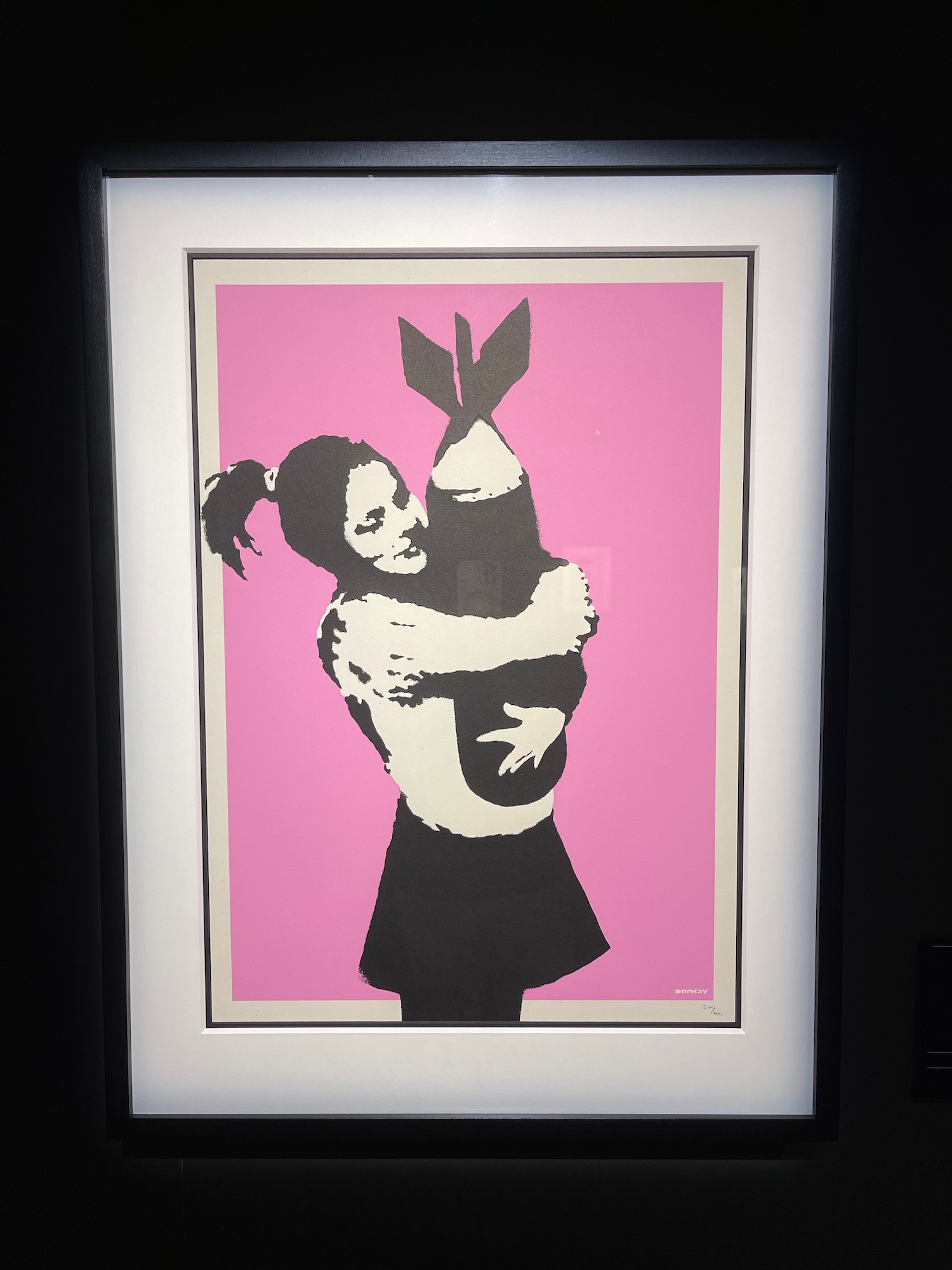 a framed picture of a woman hugging a bomb