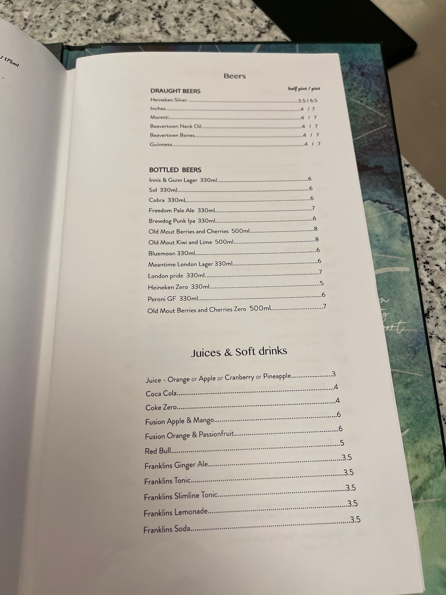 a menu of drinks and beverages