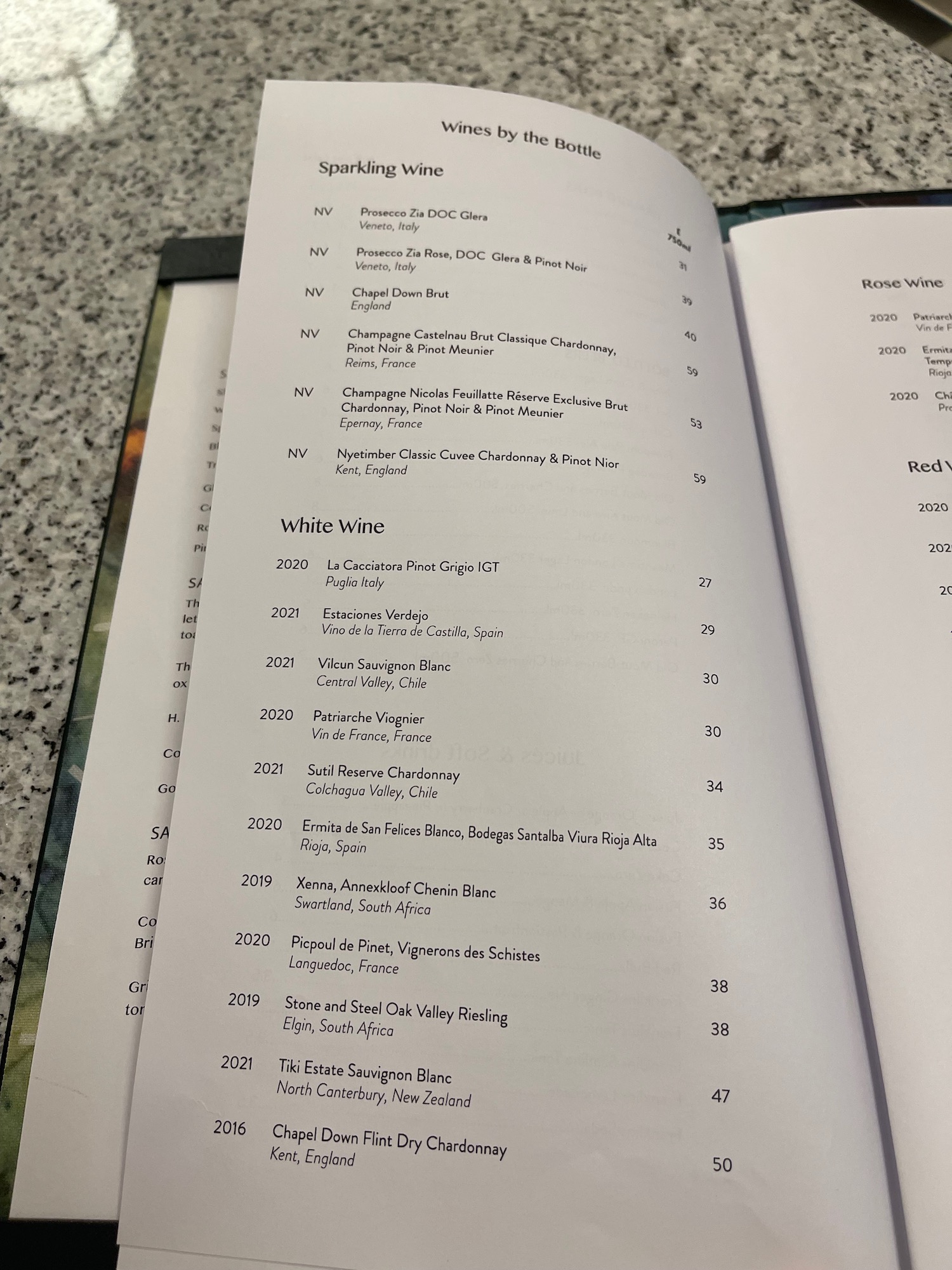 a menu of wine in a book