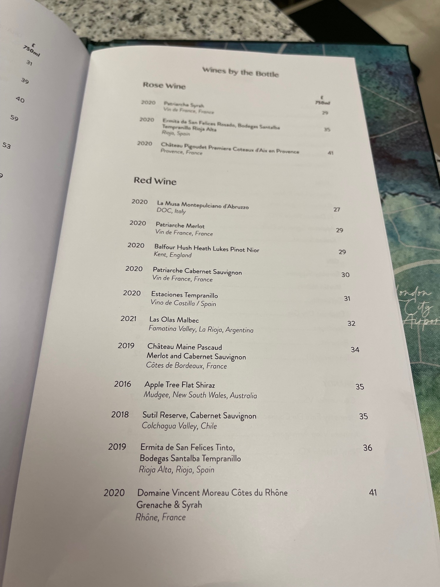 a menu of wine and wine