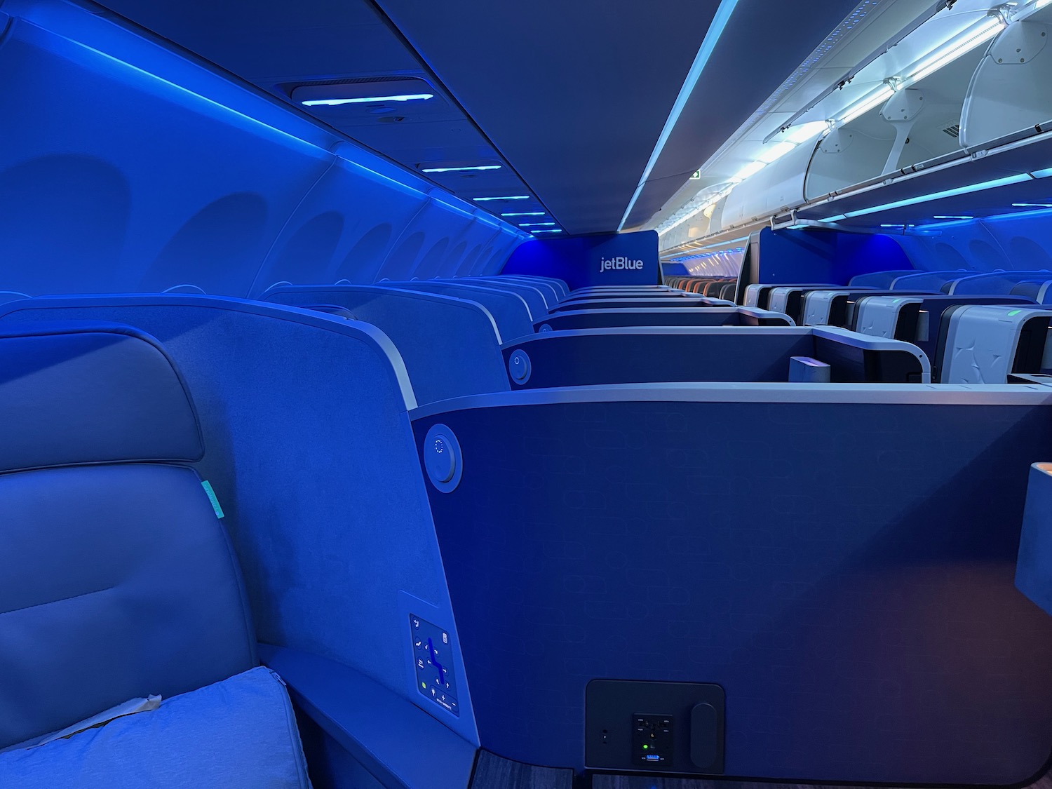 an airplane with blue seats