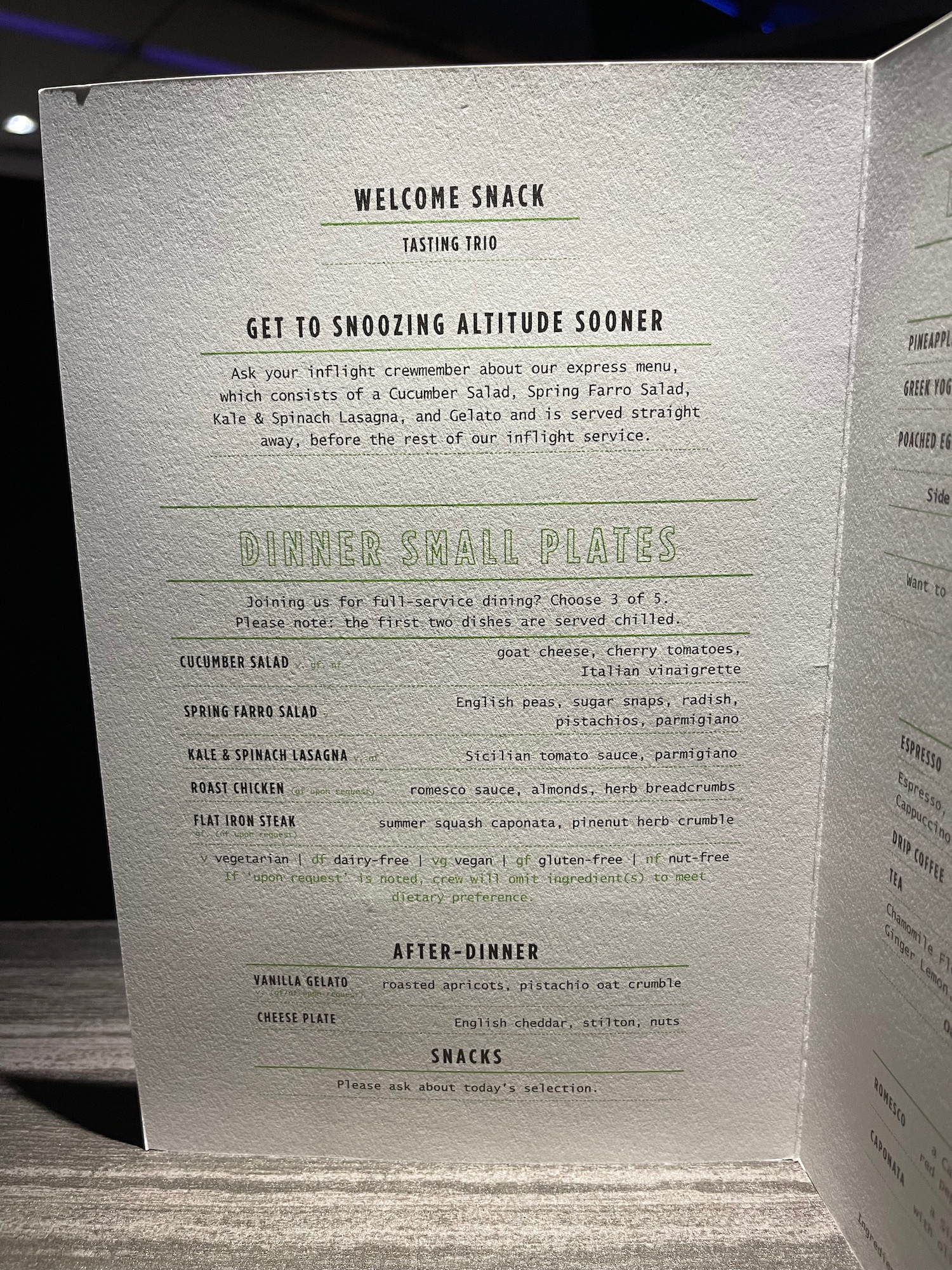 a menu with green text