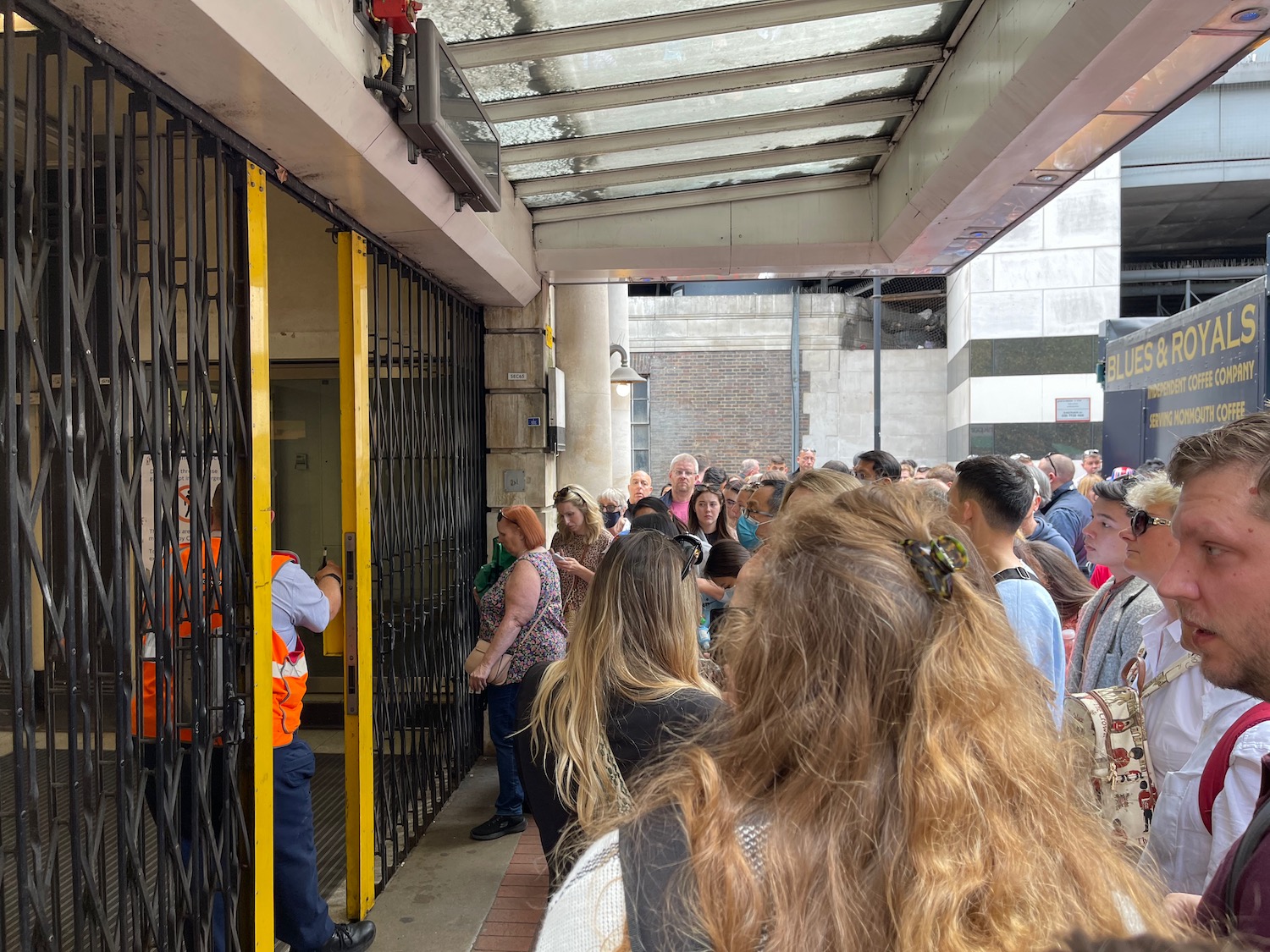 a group of people standing in a line