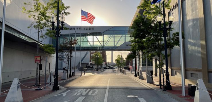 a street with flags on it