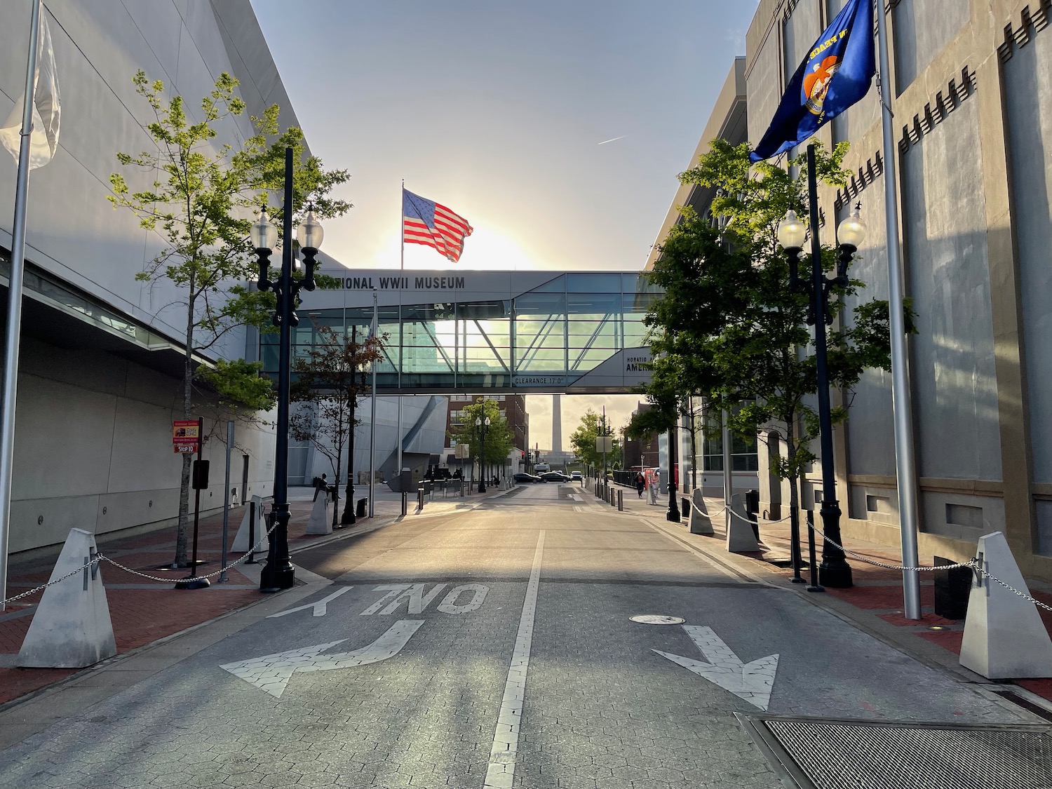 a street with flags on it