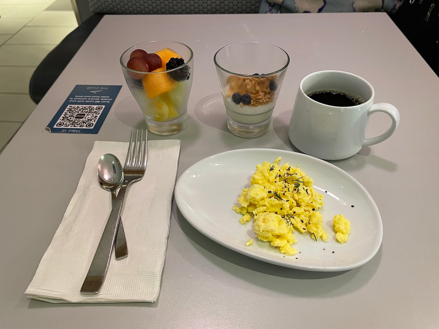 a plate of scrambled eggs and a cup of coffee