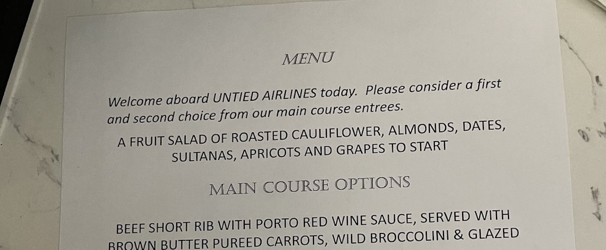 United Airlines Business Class Menu Typo Is Delicious Irony