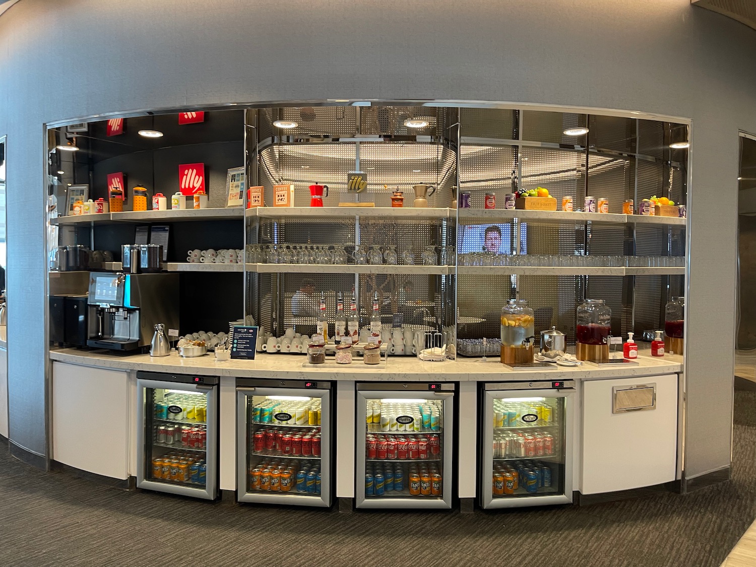 a counter with drinks and beverages
